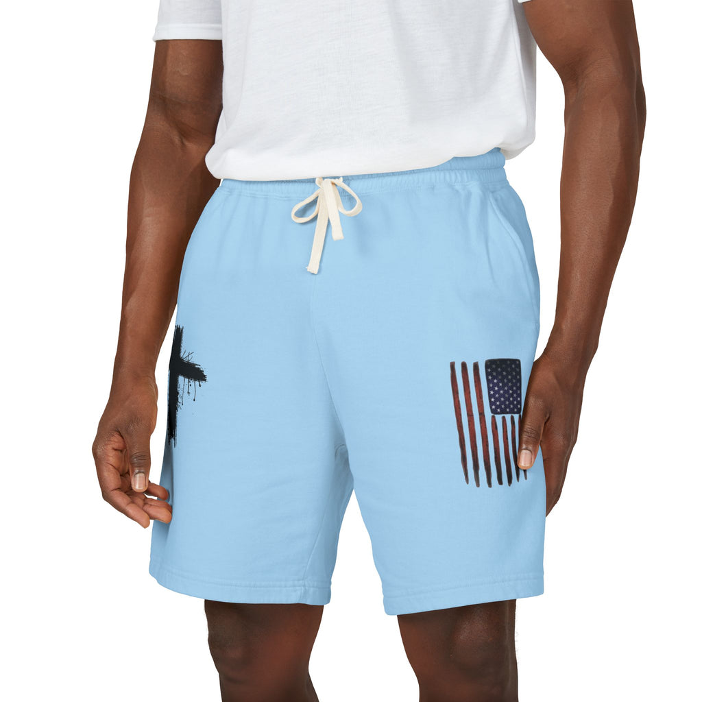 Patriotic Cross Fleece Sweat Shorts — Lightweight Garment-Dyed Lounge Shorts
