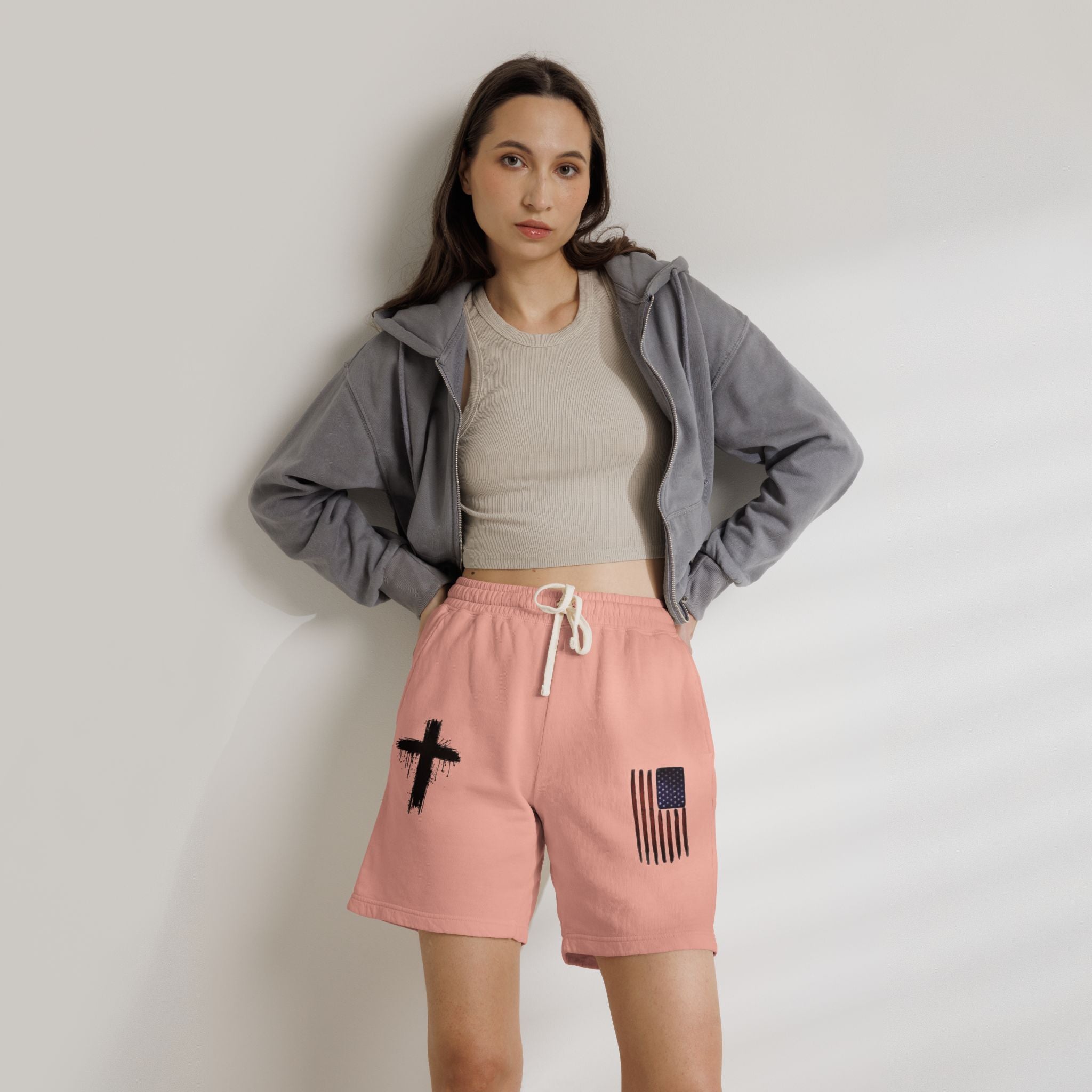 Patriotic Cross Fleece Sweat Shorts — Lightweight Garment-Dyed Lounge Shorts