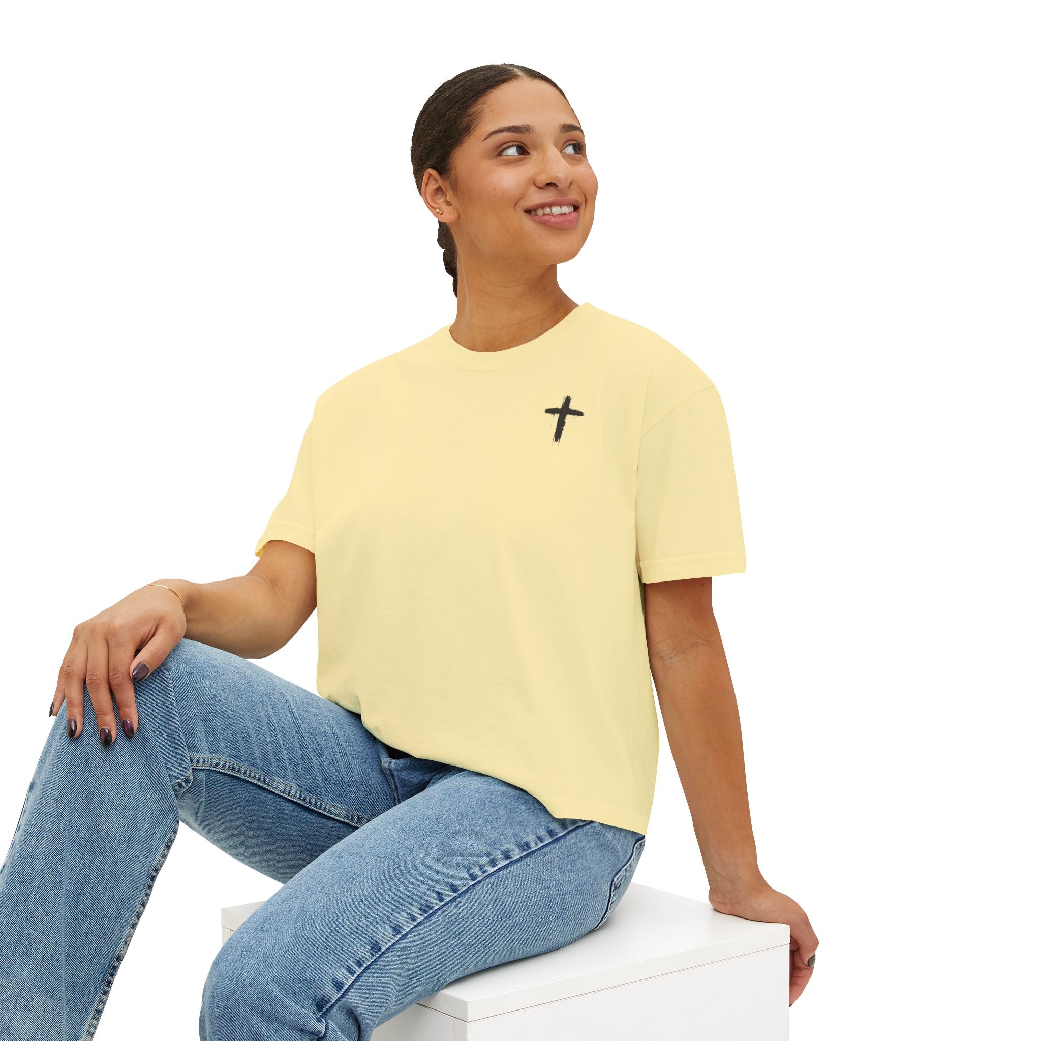 Faith Apparel Women's Boxy Tee — Small Cross Chest + Distressed American Flag Back