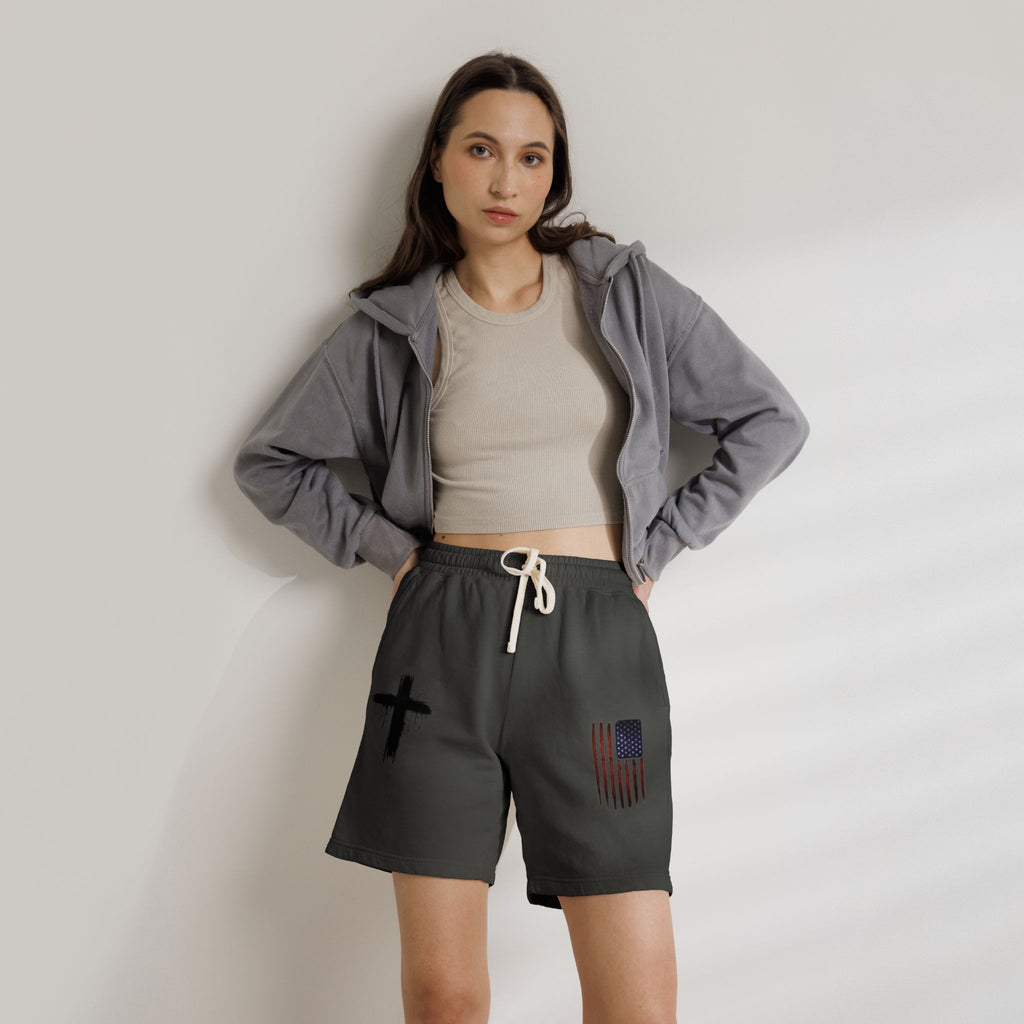 Patriotic Cross Fleece Sweat Shorts — Lightweight Garment-Dyed Lounge Shorts