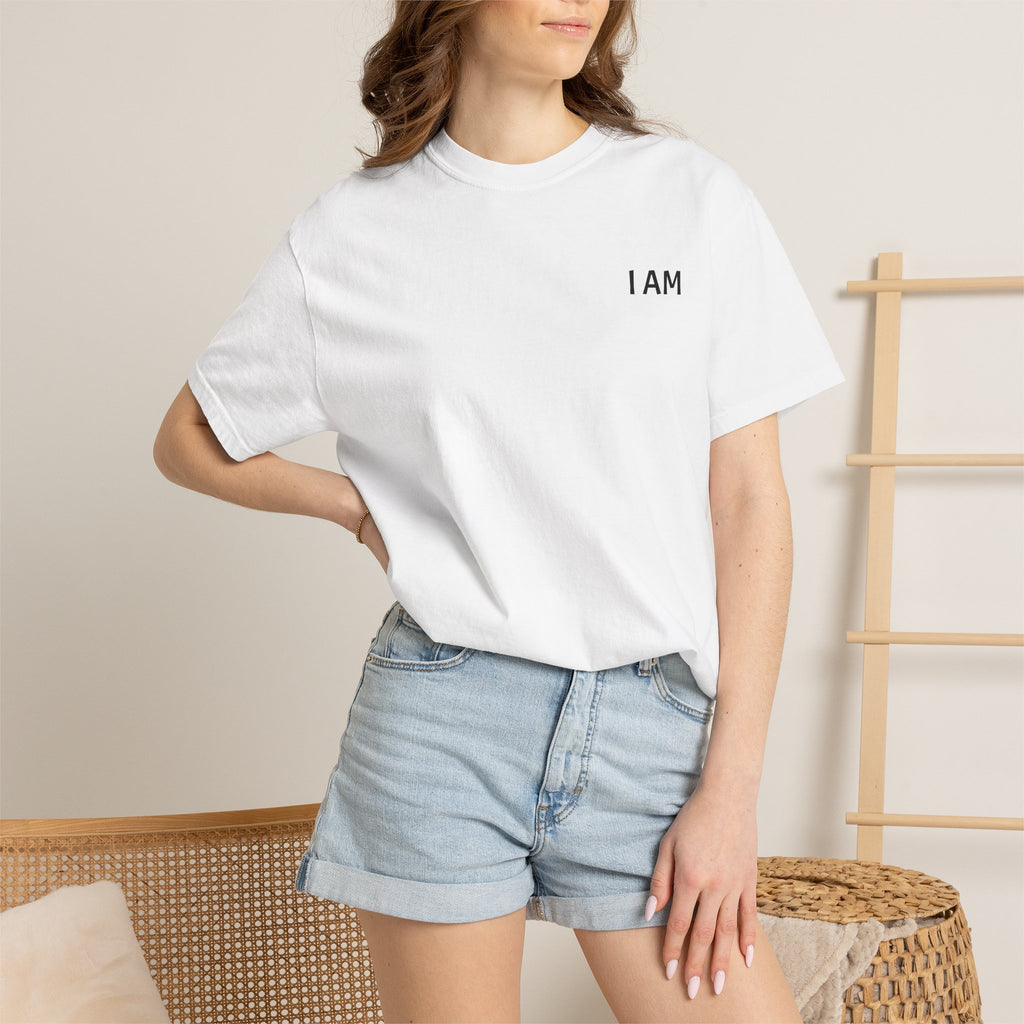 I AM Minimalist T‑Shirt — 'I AM' Front with 'Print it your way' Back