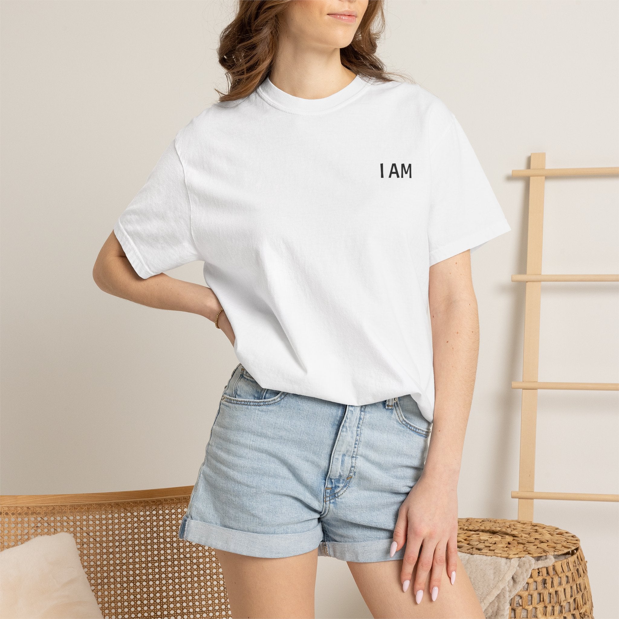 I AM Minimalist T‑Shirt — 'I AM' Front with 'Print it your way' Back