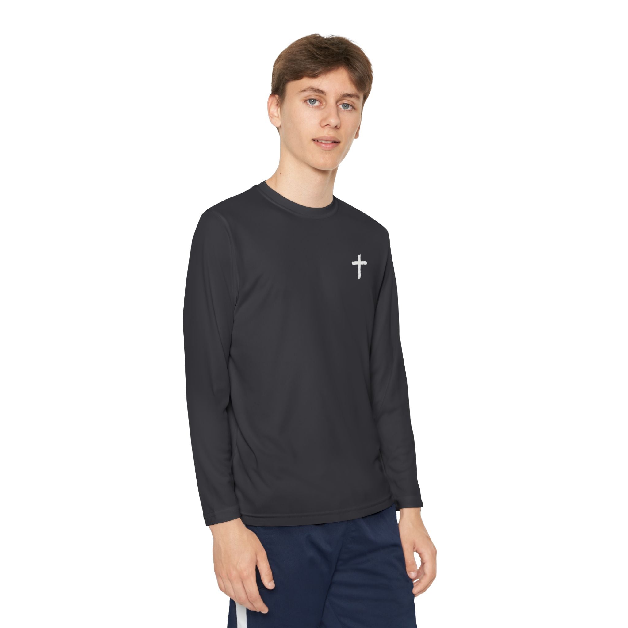 Youth Faith Long Sleeve Tee — Cross Chest & American Flag "FAITH" Back