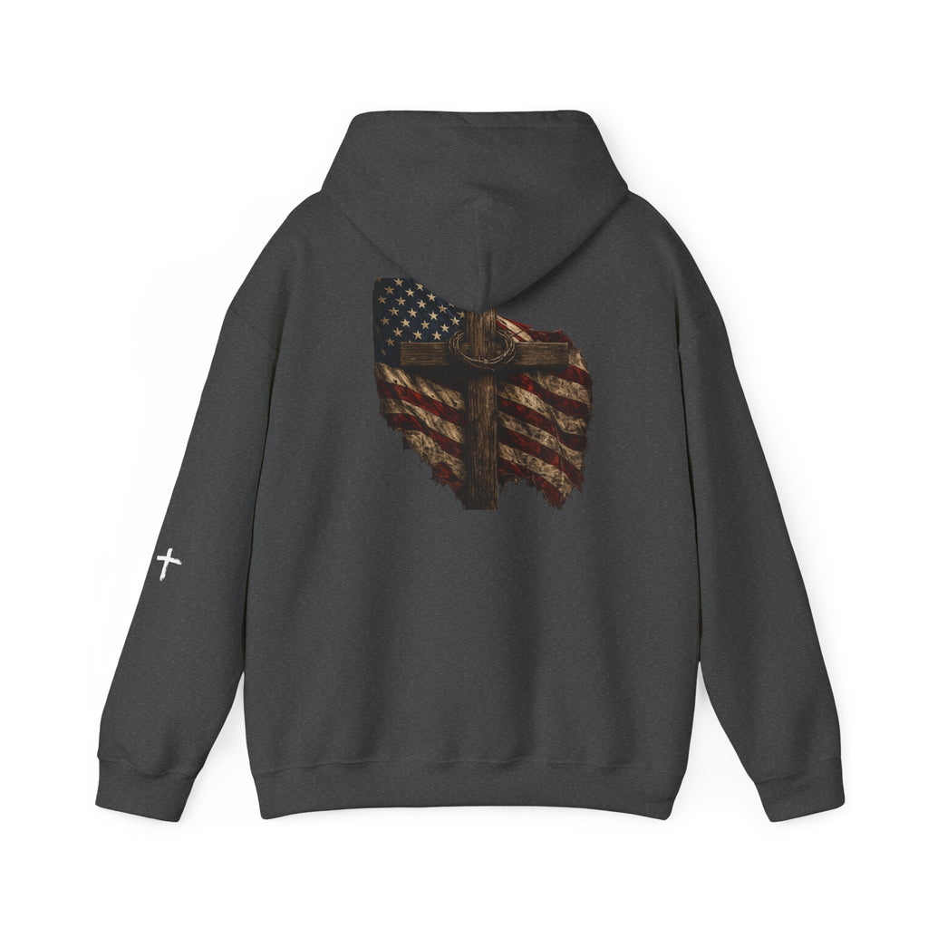 Faith Apparel Hoodie — Distressed American Flag & Cross Christian Pullover