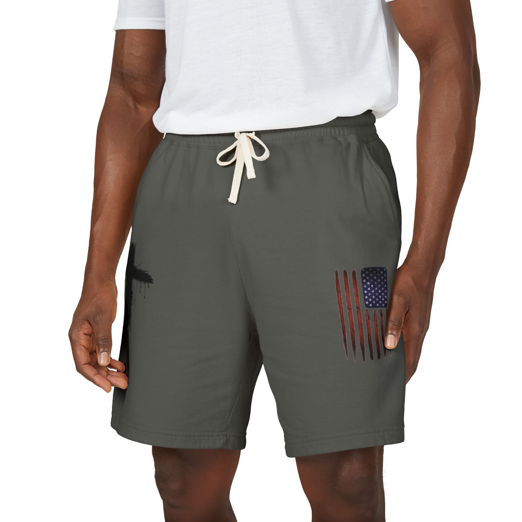 Patriotic Cross Fleece Sweat Shorts — Lightweight Garment-Dyed Lounge Shorts
