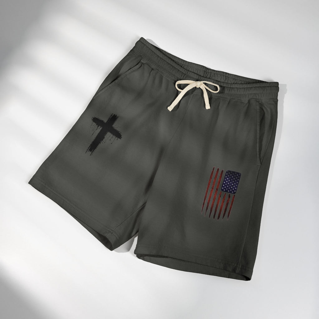 Patriotic Cross Fleece Sweat Shorts — Lightweight Garment-Dyed Lounge Shorts