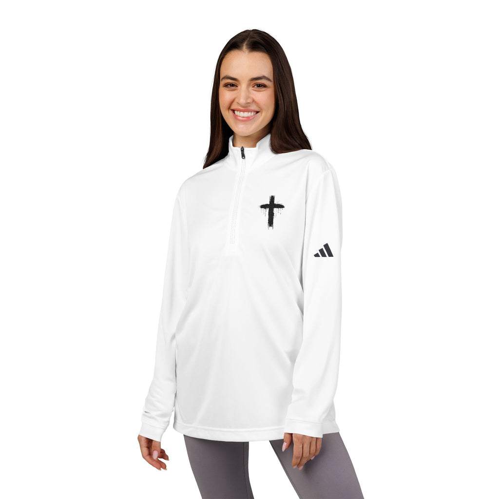 Embroidered Cross Quarter-Zip Pullover — White Athletic Top