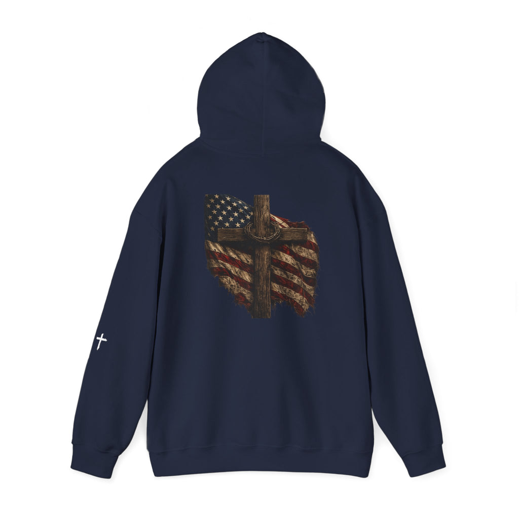 Faith Apparel Hoodie — Distressed American Flag & Cross Christian Pullover