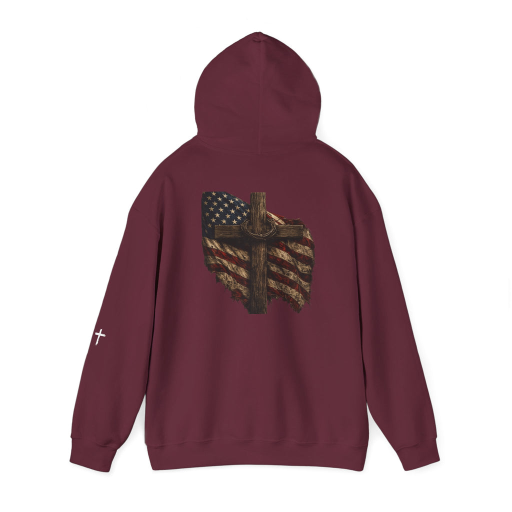 Faith Apparel Hoodie — Distressed American Flag & Cross Christian Pullover