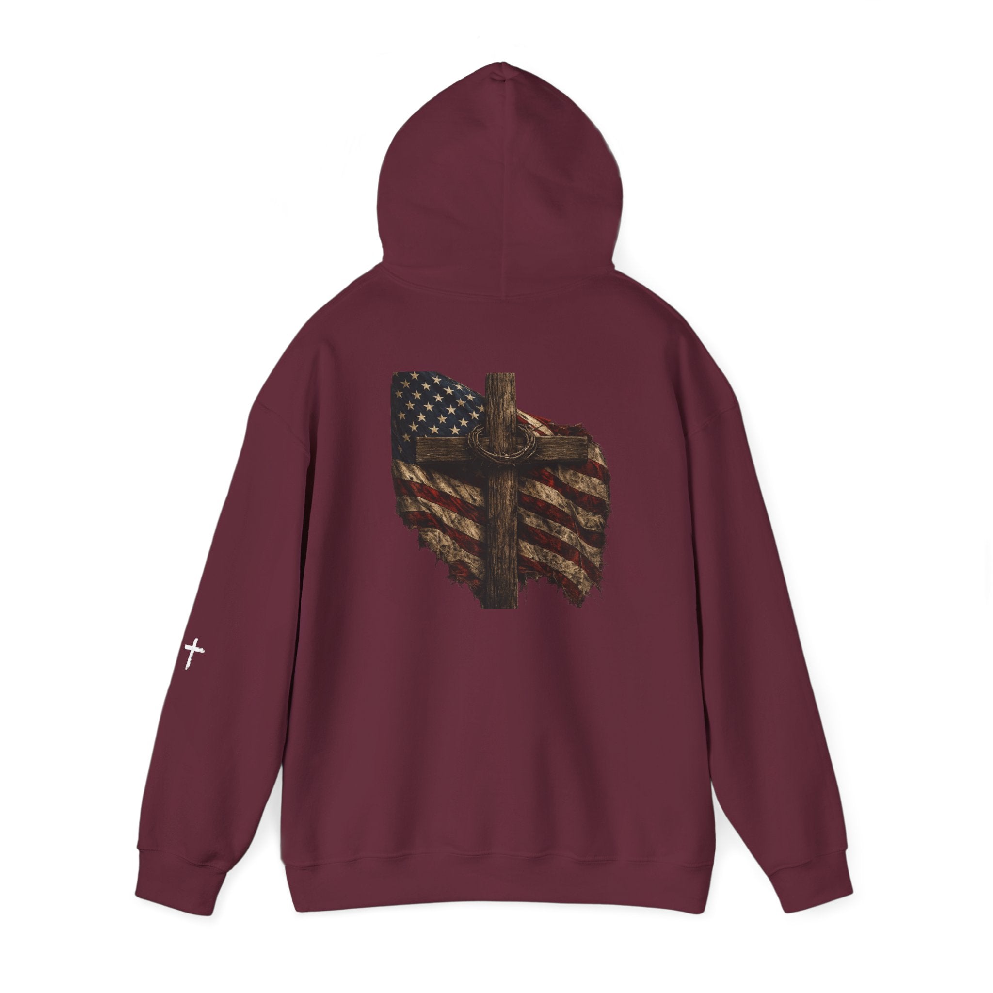 Faith Apparel Hoodie — Distressed American Flag & Cross Christian Pullover