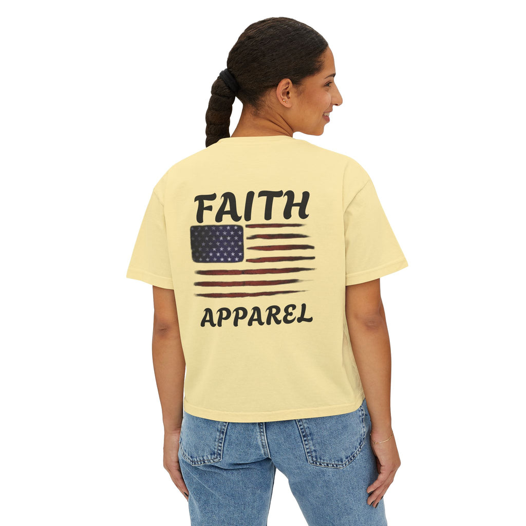 Faith Apparel Women's Boxy Tee — Small Cross Chest + Distressed American Flag Back