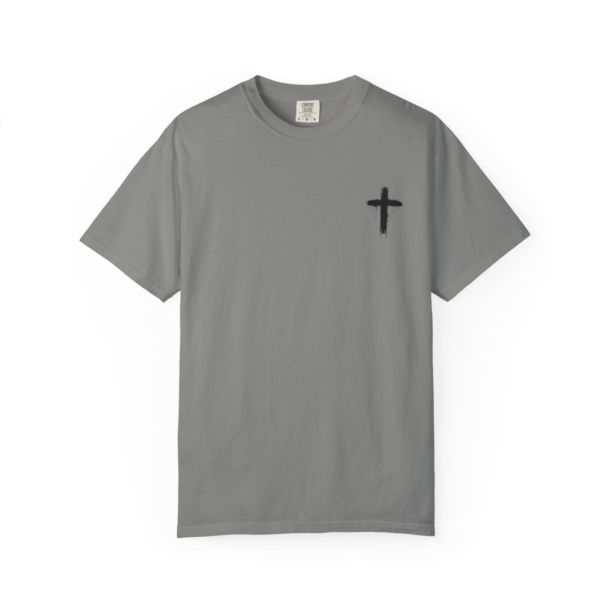 Faith Flag T-Shirt — Small Cross Front, American Flag Back Graphic