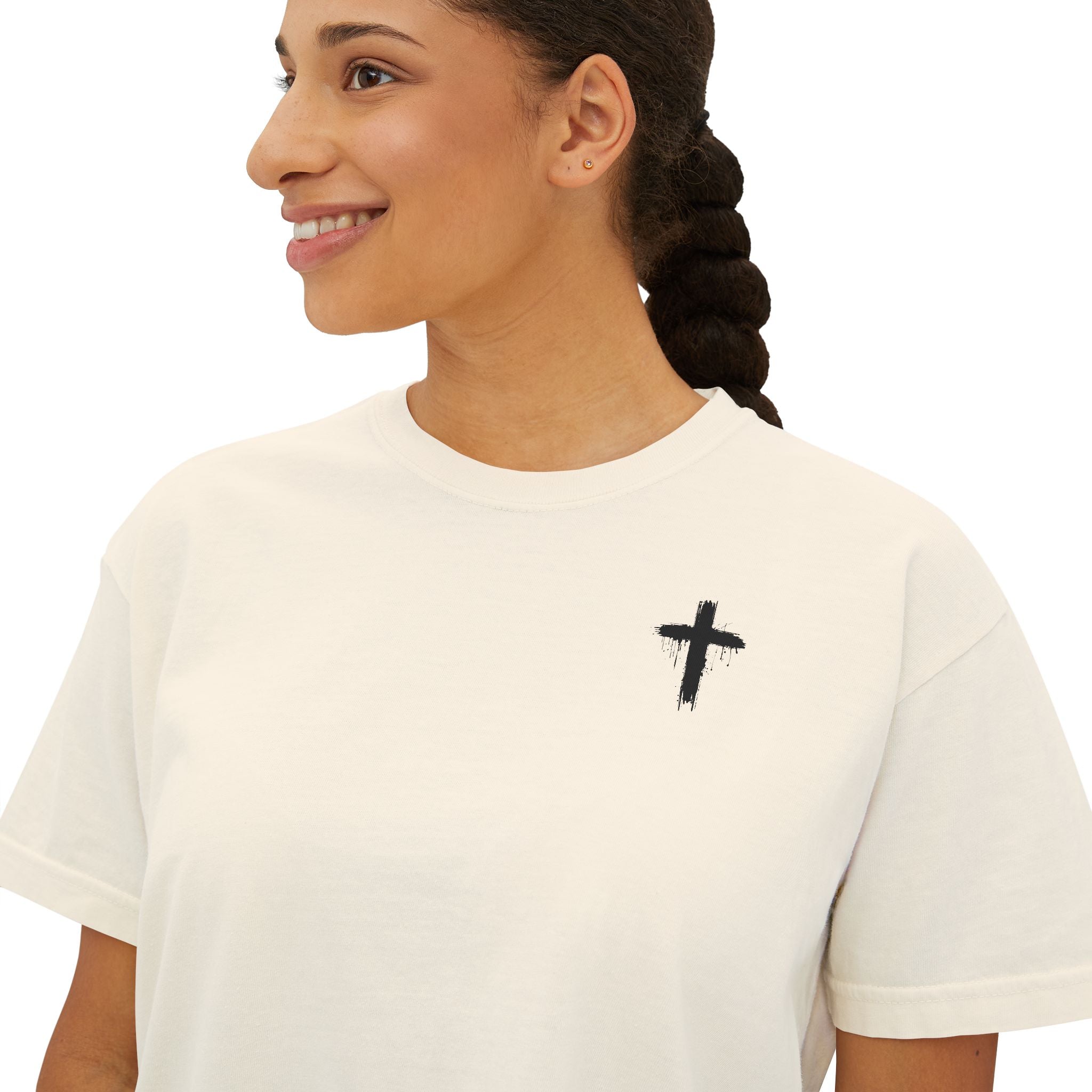 Faith Apparel Women's Boxy Tee — Small Cross Chest + Distressed American Flag Back