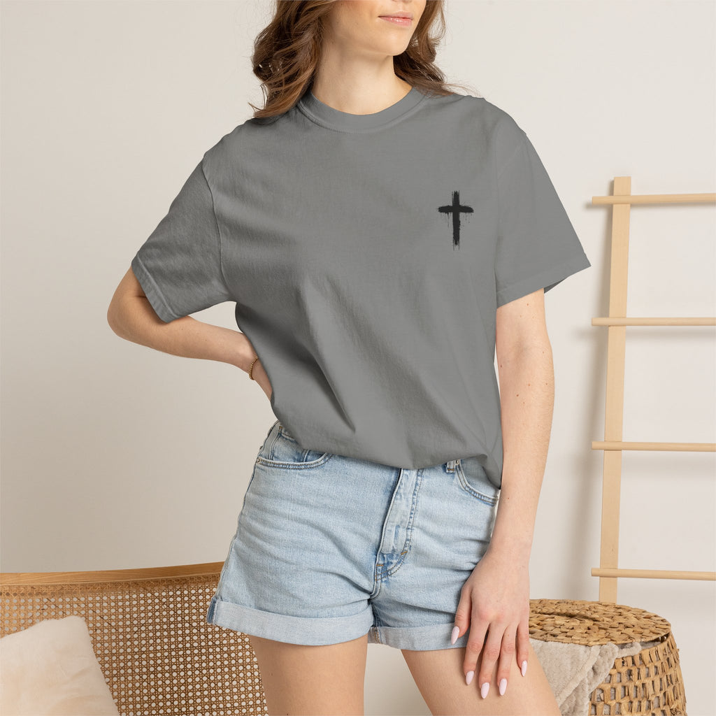 Faith Flag T-Shirt — Small Cross Front, American Flag Back Graphic