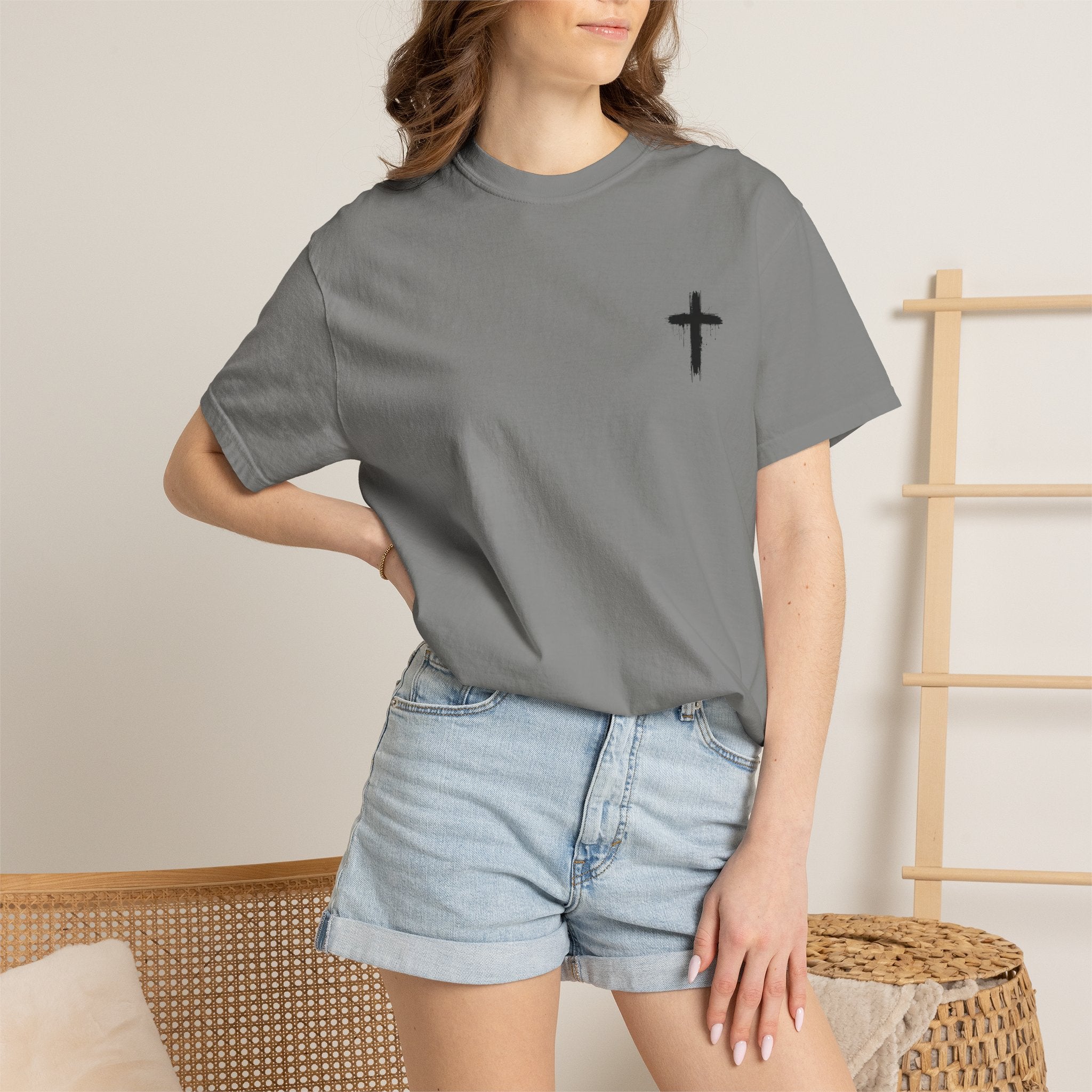Faith Flag T-Shirt — Small Cross Front, American Flag Back Graphic