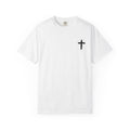 Faith Flag T-Shirt — Small Cross Front, American Flag Back Graphic