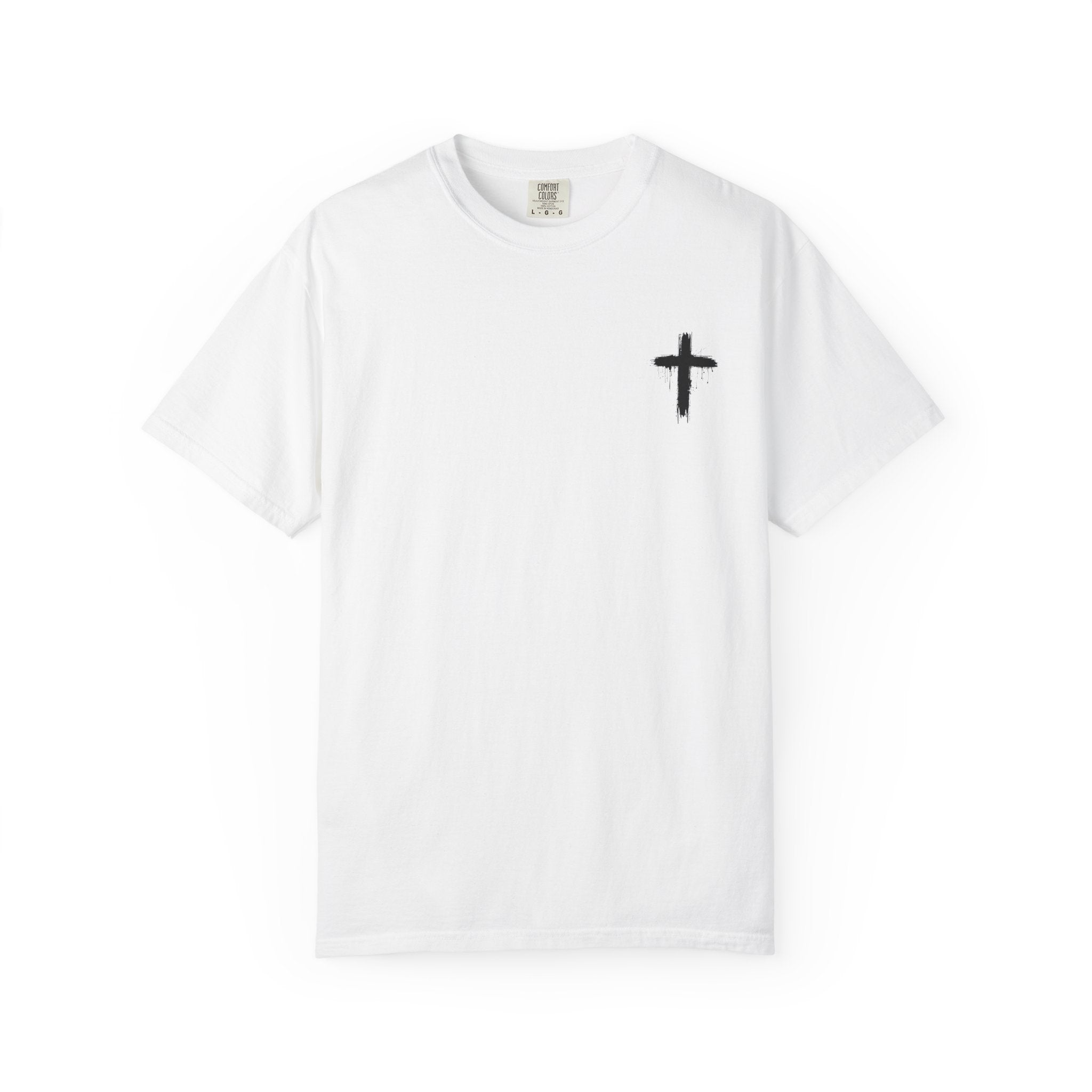Faith Flag T-Shirt — Small Cross Front, American Flag Back Graphic