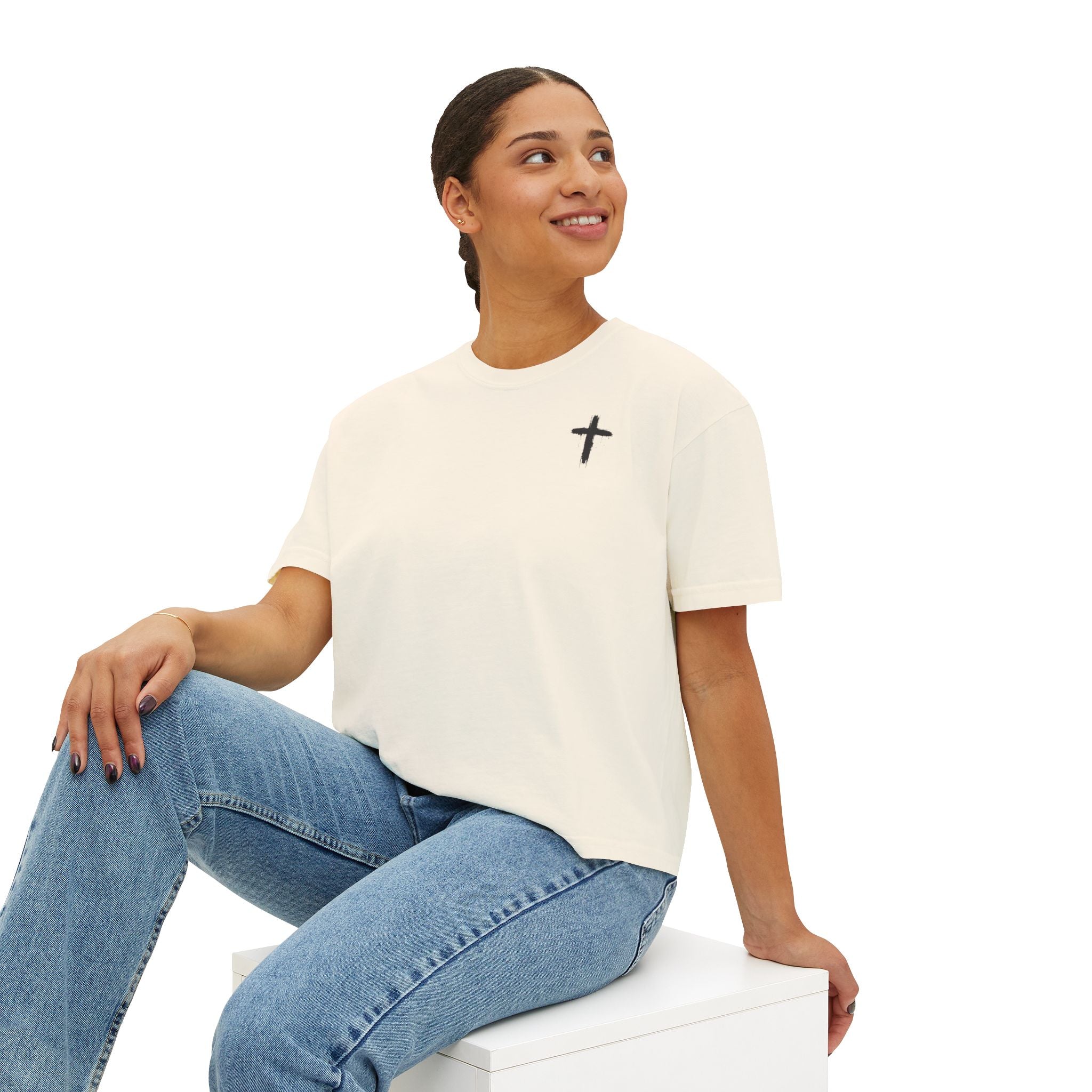 Faith Apparel Women's Boxy Tee — Small Cross Chest + Distressed American Flag Back