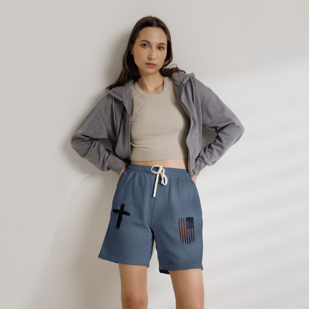 Patriotic Cross Fleece Sweat Shorts — Lightweight Garment-Dyed Lounge Shorts