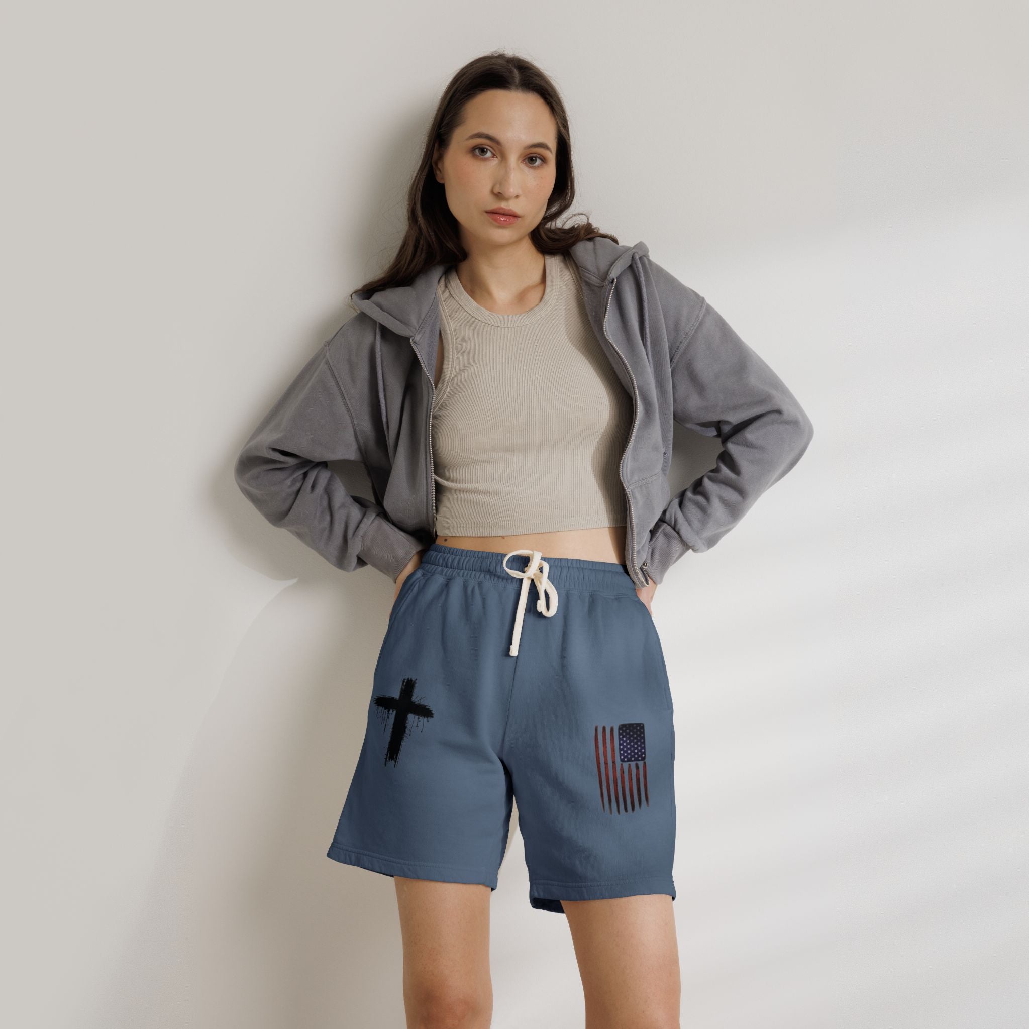 Patriotic Cross Fleece Sweat Shorts — Lightweight Garment-Dyed Lounge Shorts
