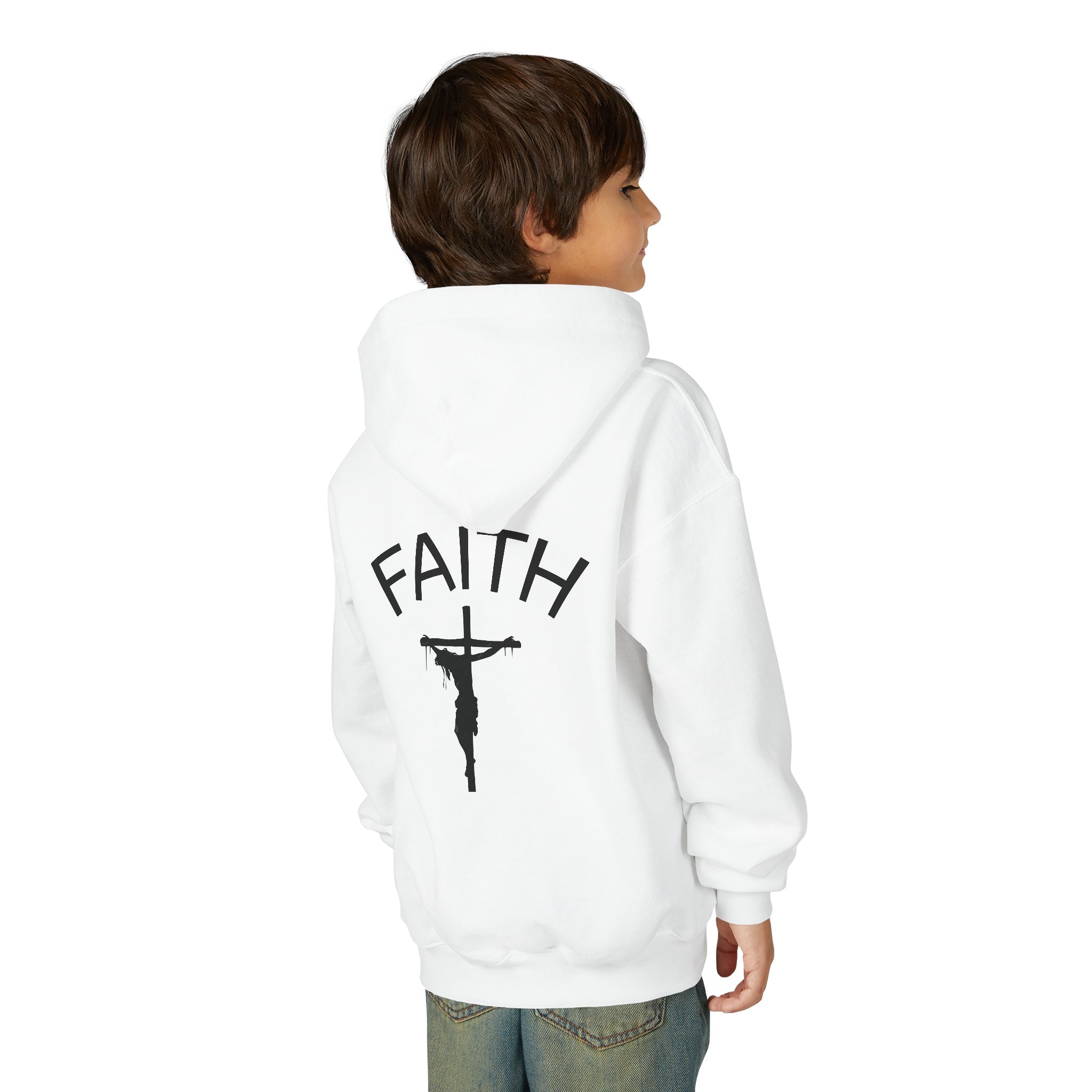 Youth Faith Cross Hoodie — ‘FAITH’ Crucifix Christian Sweatshirt