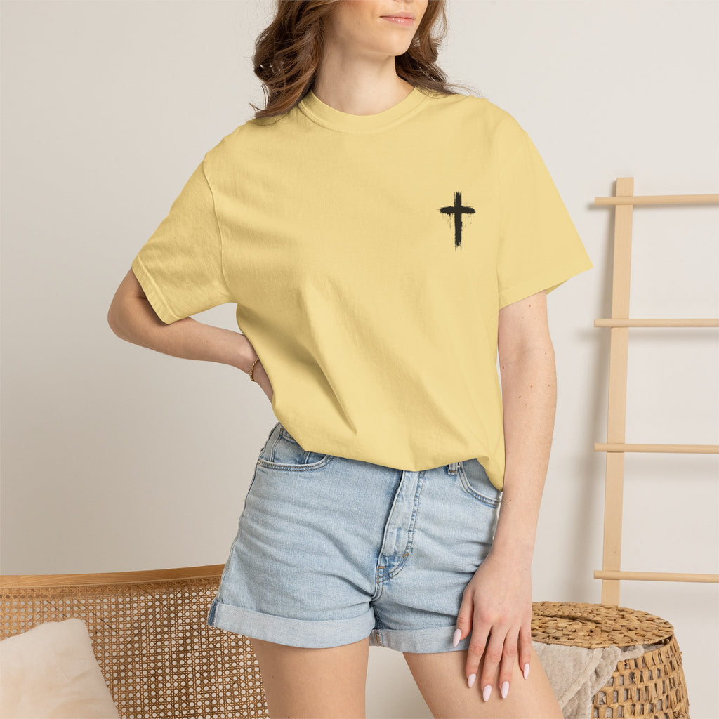 Faith Flag T-Shirt — Small Cross Front, American Flag Back Graphic