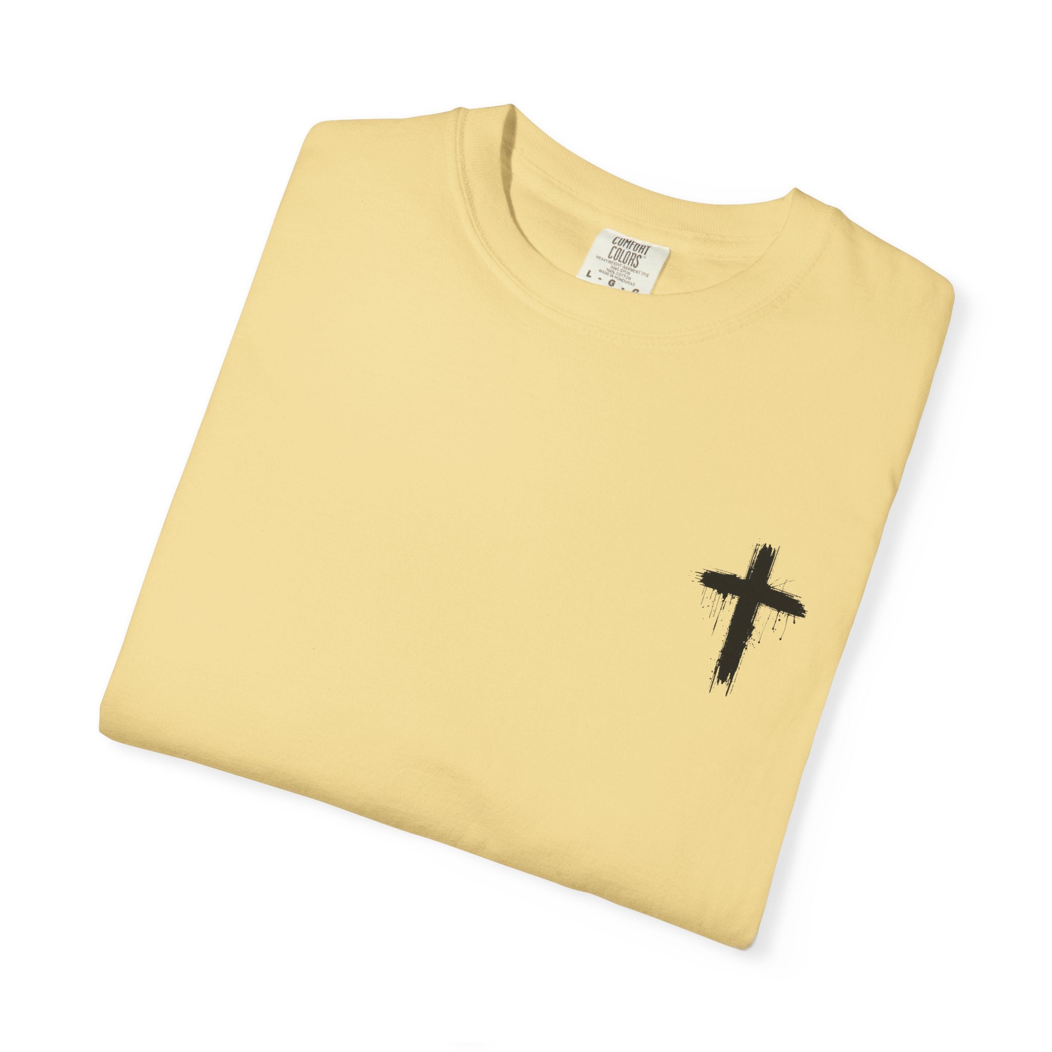 Faith Flag T-Shirt — Small Cross Front, American Flag Back Graphic