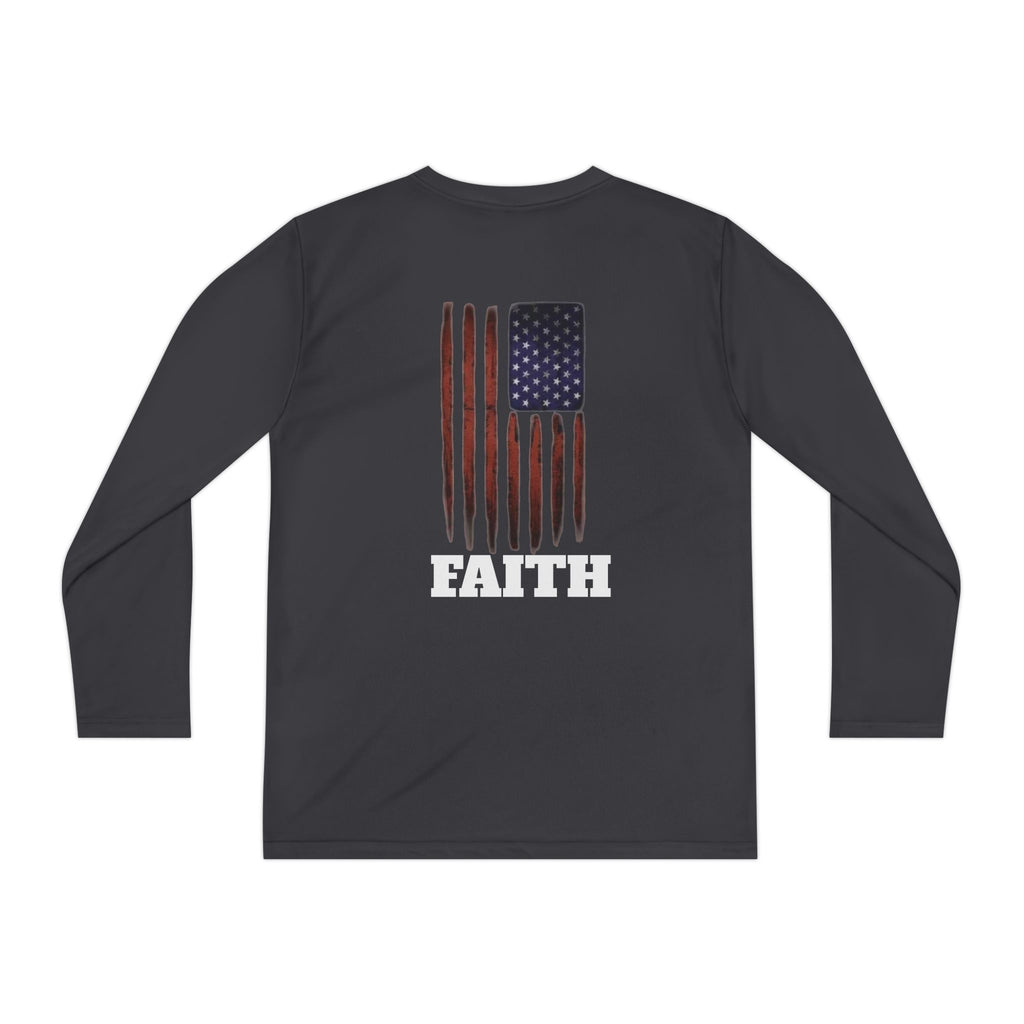 Youth Faith Long Sleeve Tee — Cross Chest & American Flag "FAITH" Back
