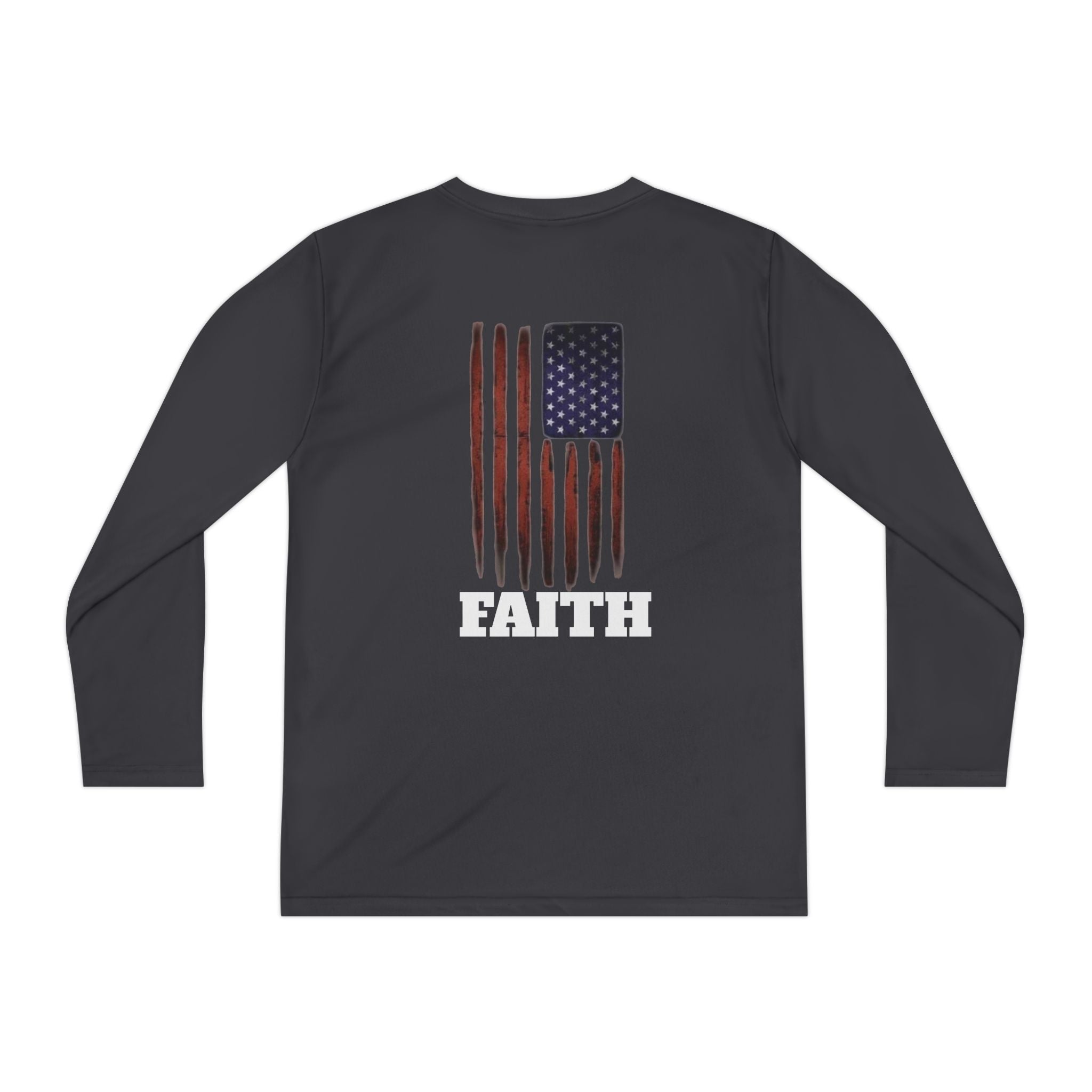 Youth Faith Long Sleeve Tee — Cross Chest & American Flag "FAITH" Back