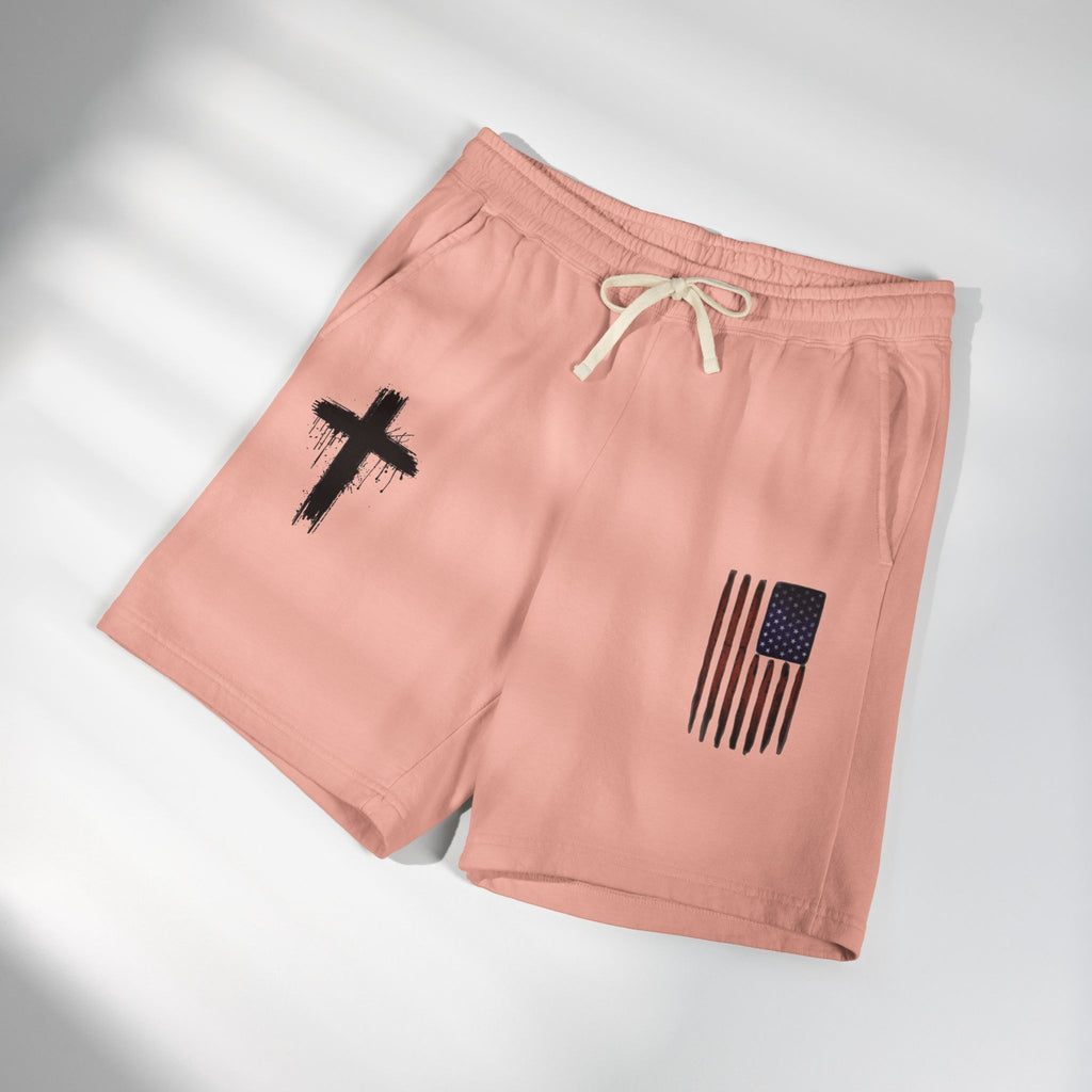 Patriotic Cross Fleece Sweat Shorts — Lightweight Garment-Dyed Lounge Shorts