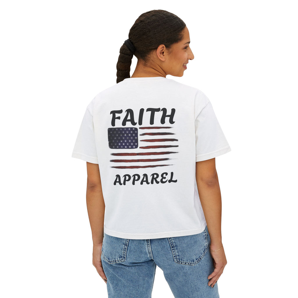 Faith Apparel Women's Boxy Tee — Small Cross Chest + Distressed American Flag Back