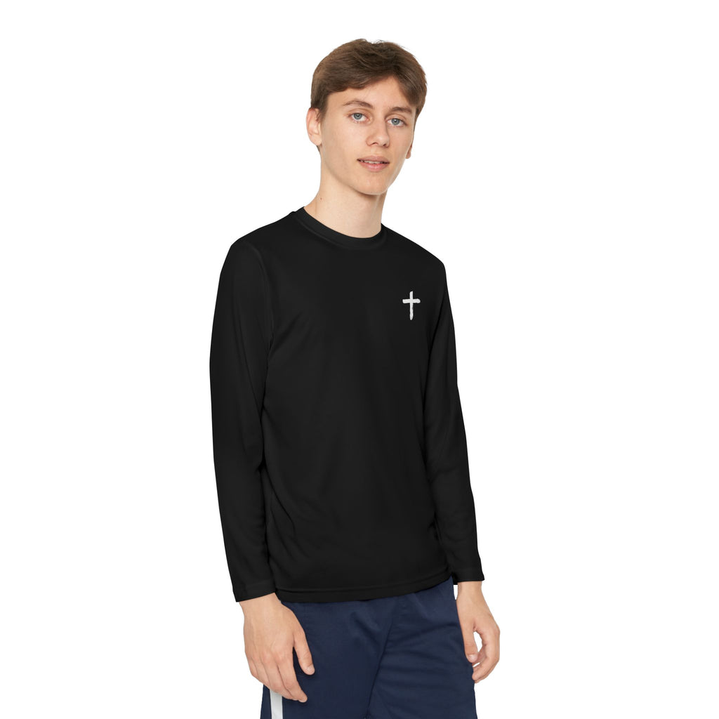 Youth Faith Long Sleeve Tee — Cross Chest & American Flag "FAITH" Back