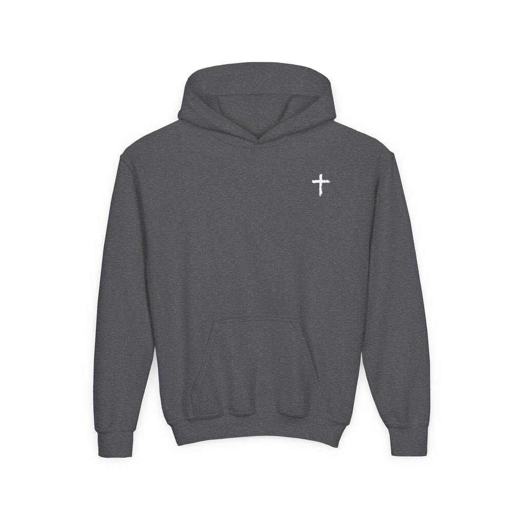 Youth Hoodie with Small Cross Chest Logo — Christian Kids Sweatshirt