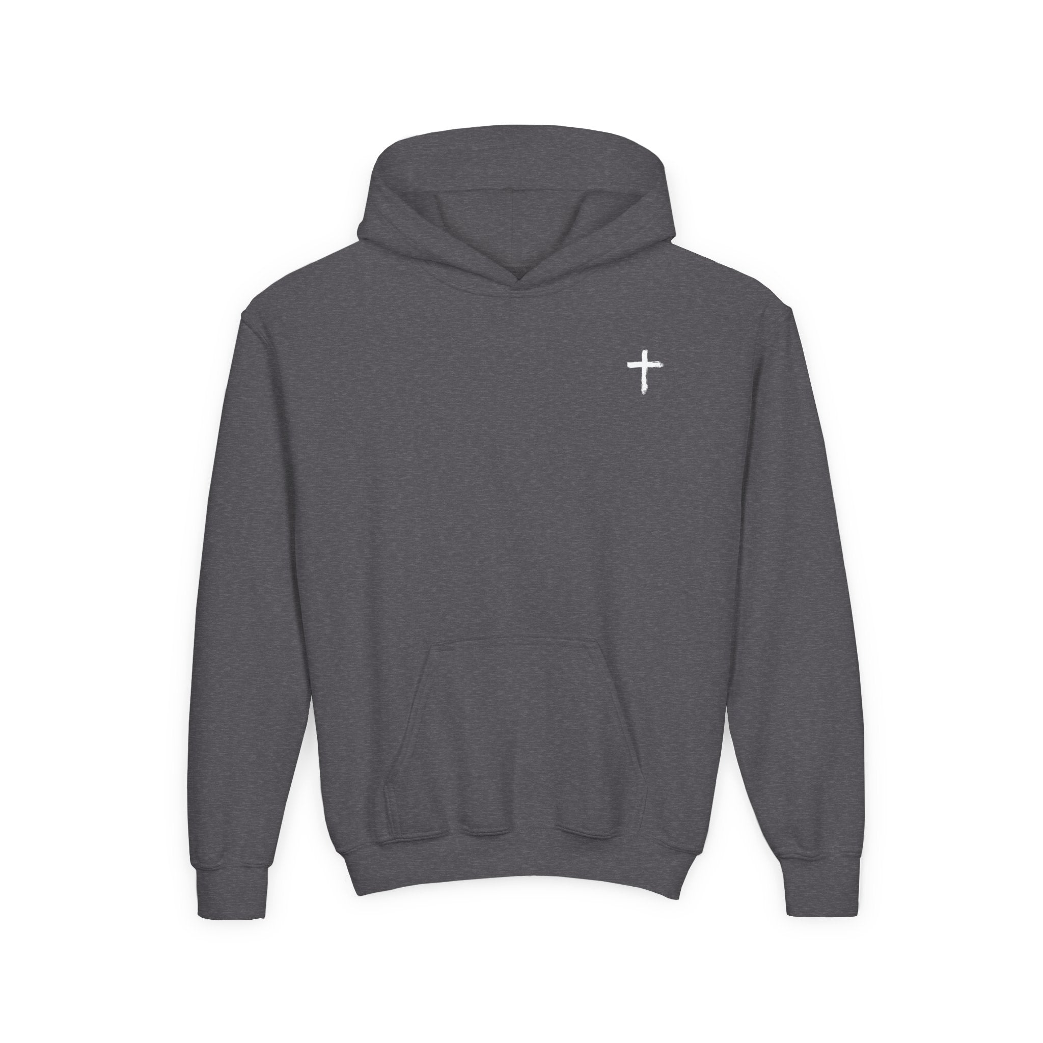 Youth Hoodie with Small Cross Chest Logo — Christian Kids Sweatshirt
