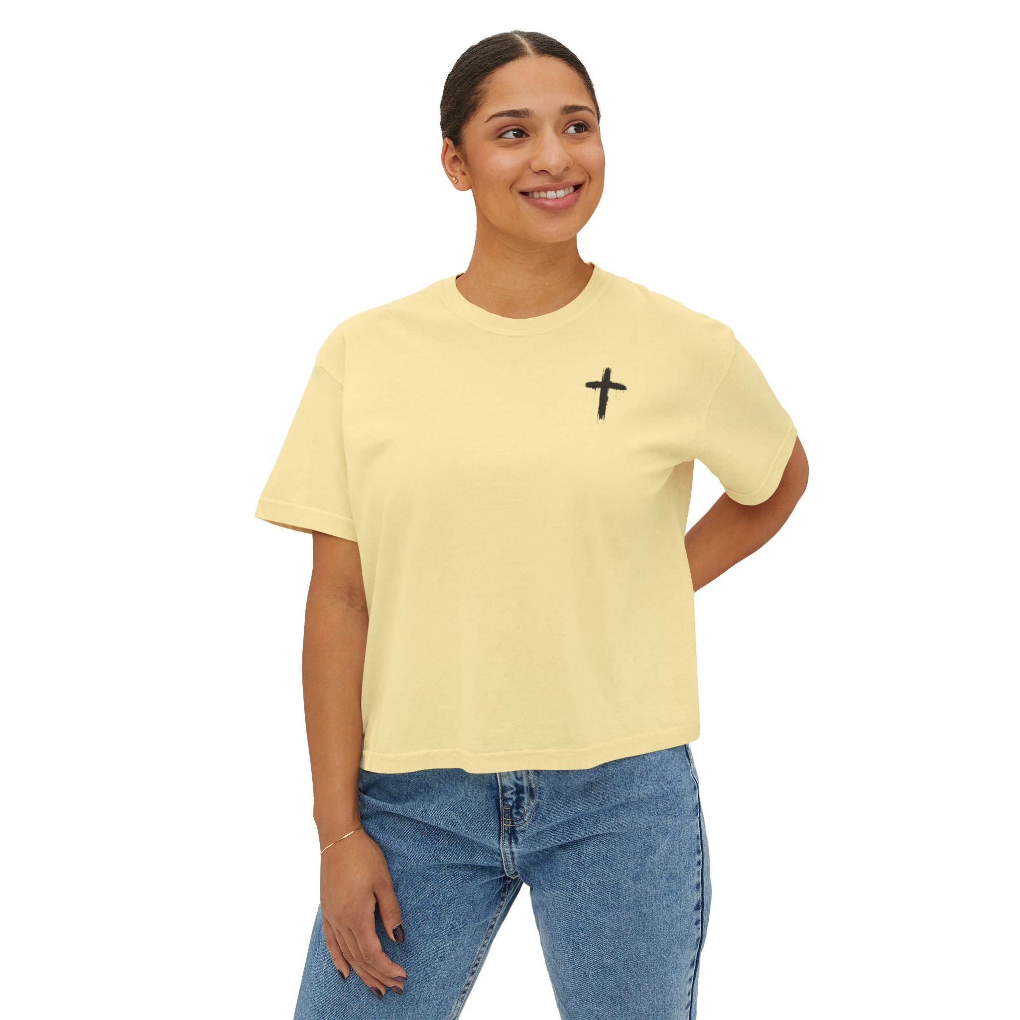 Faith Apparel Women's Boxy Tee — Small Cross Chest + Distressed American Flag Back