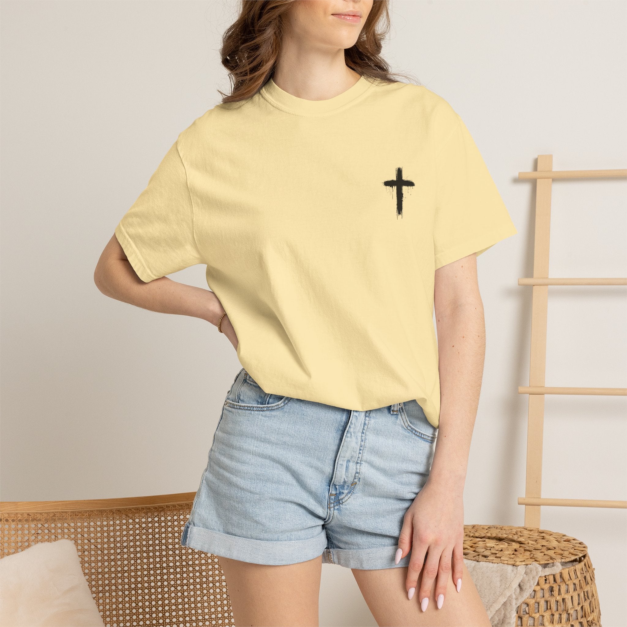 Faith Flag T-Shirt — Small Cross Front, American Flag Back Graphic