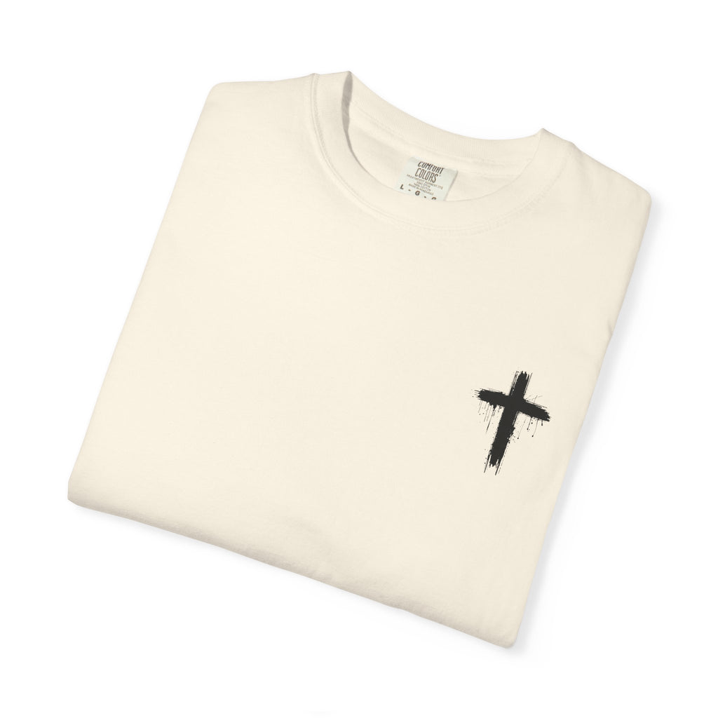 Faith Flag T-Shirt — Small Cross Front, American Flag Back Graphic