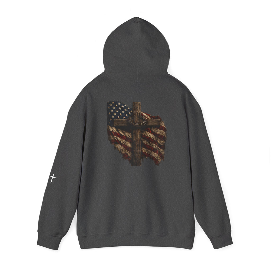 Faith Apparel Hoodie — Distressed American Flag & Cross Christian Pullover