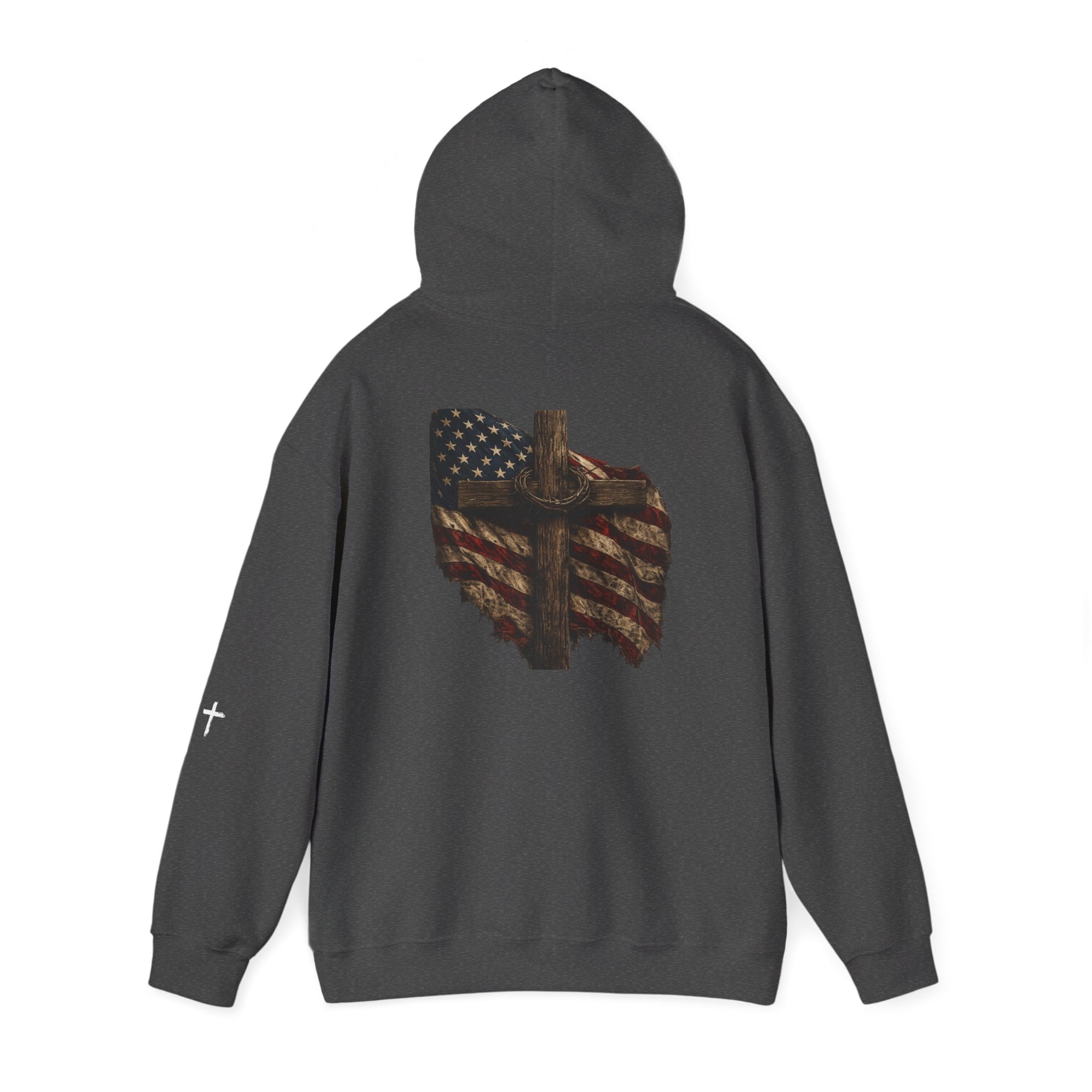 Faith Apparel Hoodie — Distressed American Flag & Cross Christian Pullover