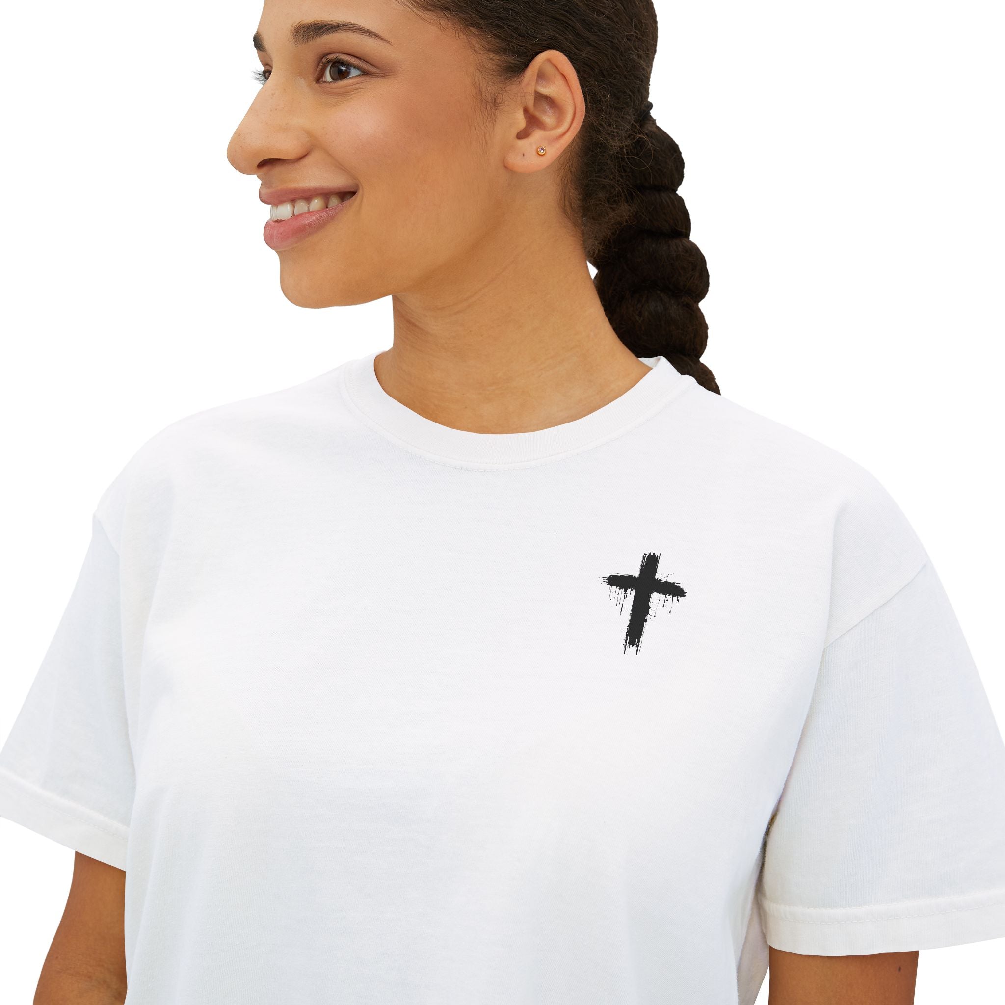 Faith Apparel Women's Boxy Tee — Small Cross Chest + Distressed American Flag Back