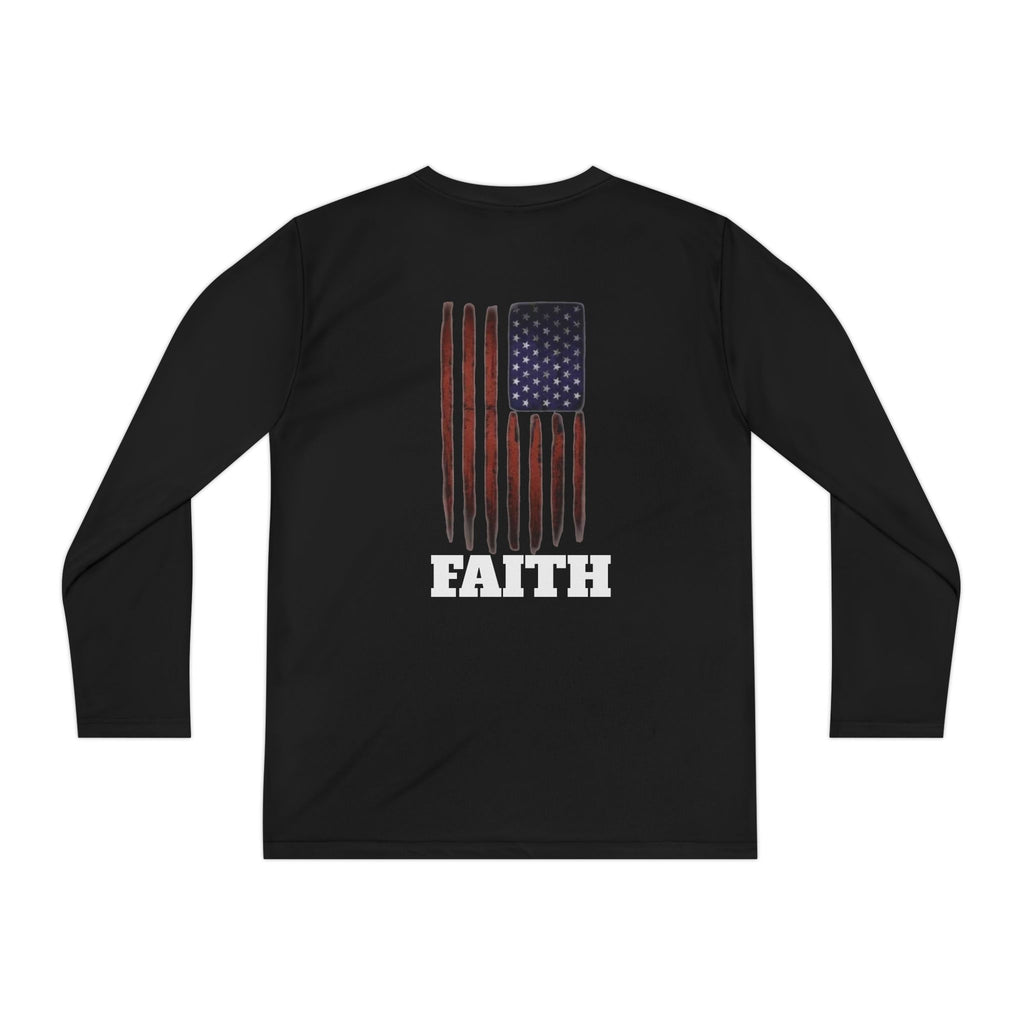 Youth Faith Long Sleeve Tee — Cross Chest & American Flag "FAITH" Back