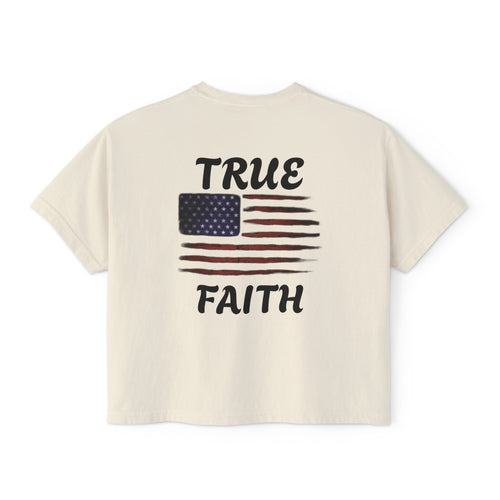 Faith Apparel Women's Boxy Tee — Small Cross Chest + Distressed American Flag Back