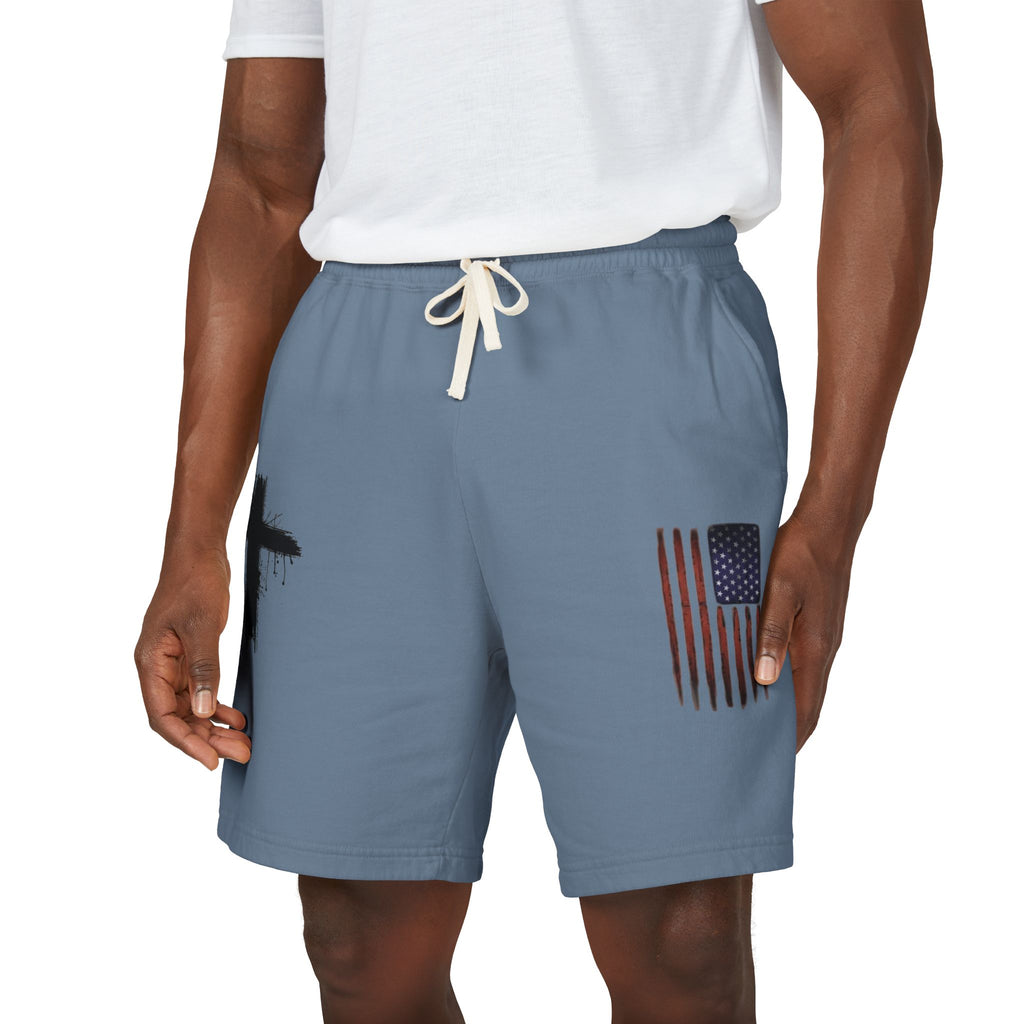 Patriotic Cross Fleece Sweat Shorts — Lightweight Garment-Dyed Lounge Shorts