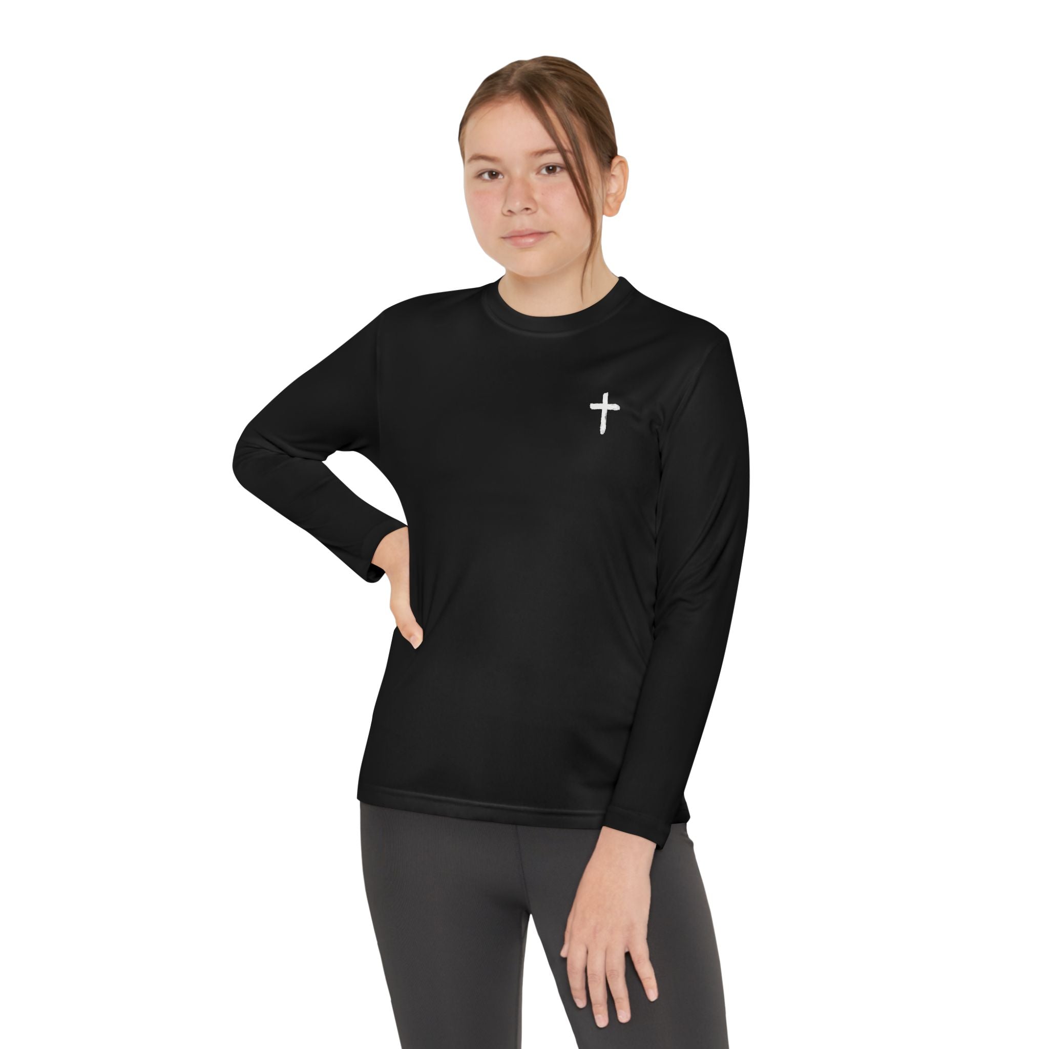 Youth Faith Long Sleeve Tee — Cross Chest & American Flag "FAITH" Back