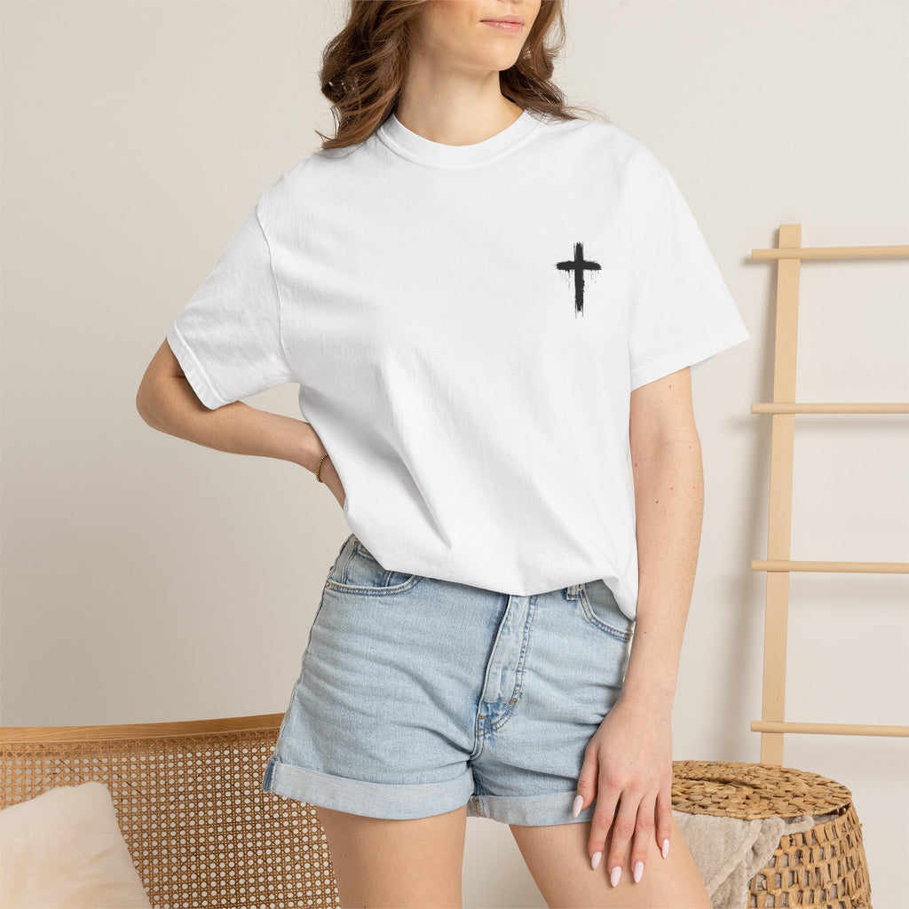 Faith Flag T-Shirt — Small Cross Front, American Flag Back Graphic