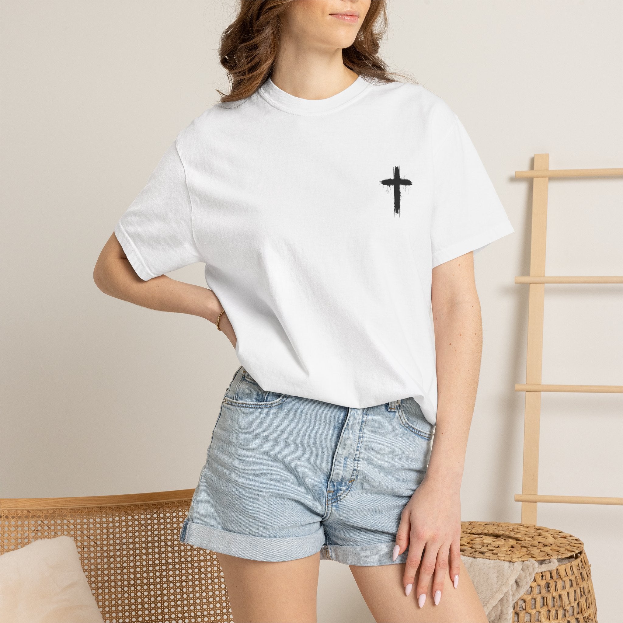 Faith Flag T-Shirt — Small Cross Front, American Flag Back Graphic