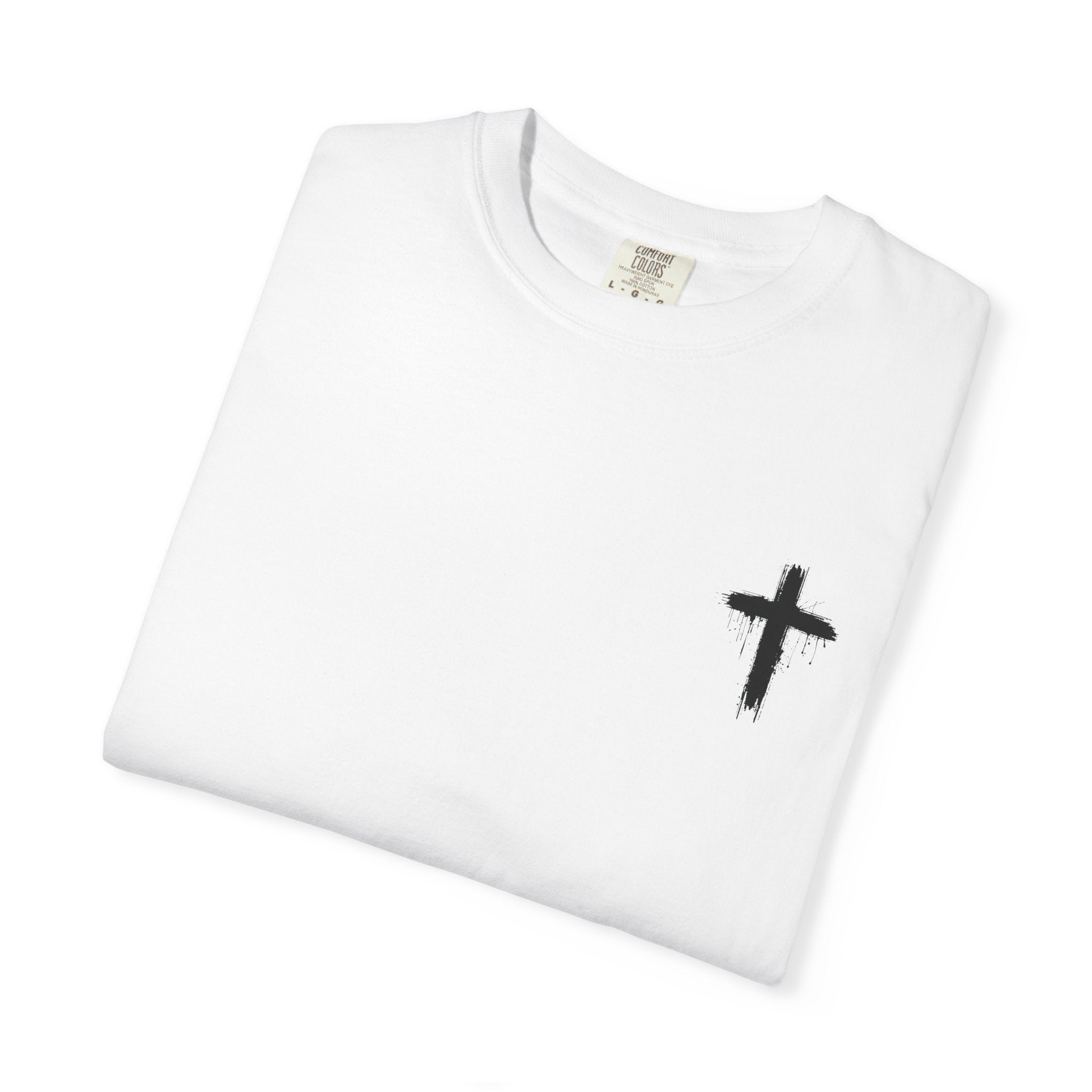 Faith Flag T-Shirt — Small Cross Front, American Flag Back Graphic