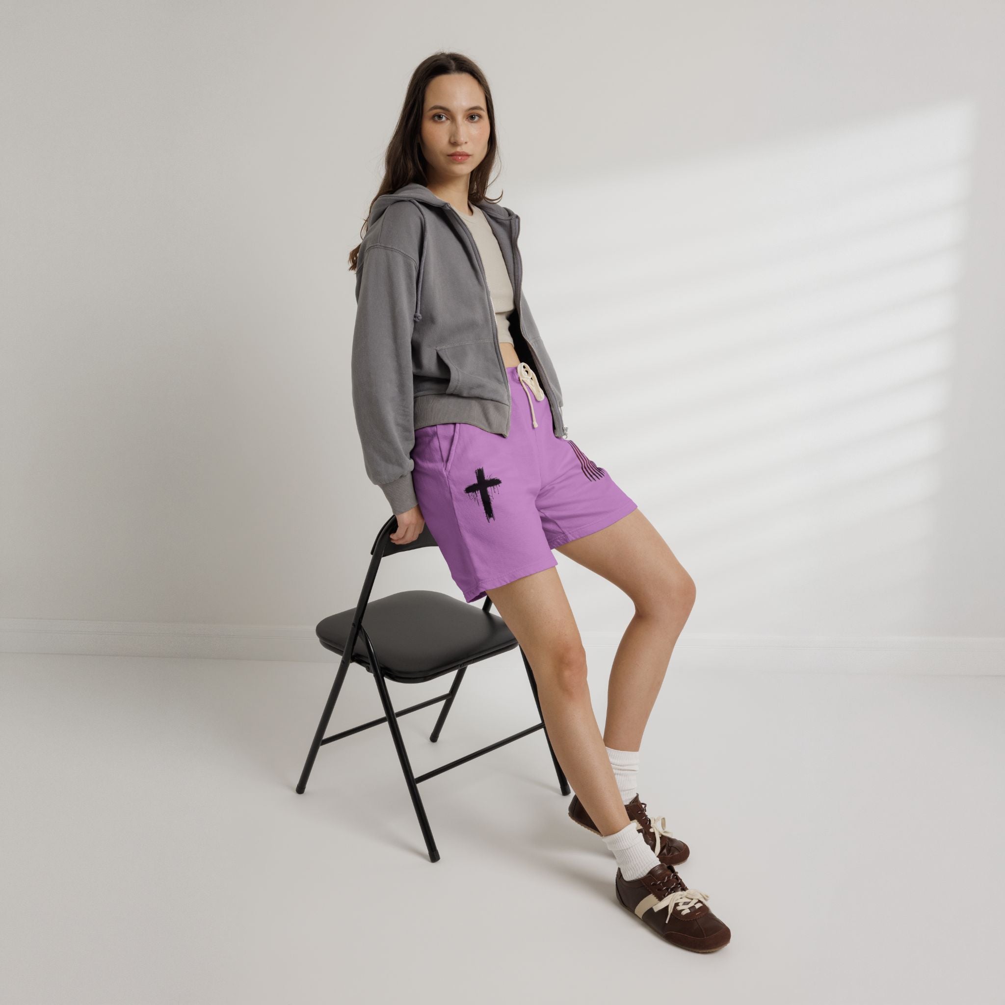 Patriotic Cross Fleece Sweat Shorts — Lightweight Garment-Dyed Lounge Shorts