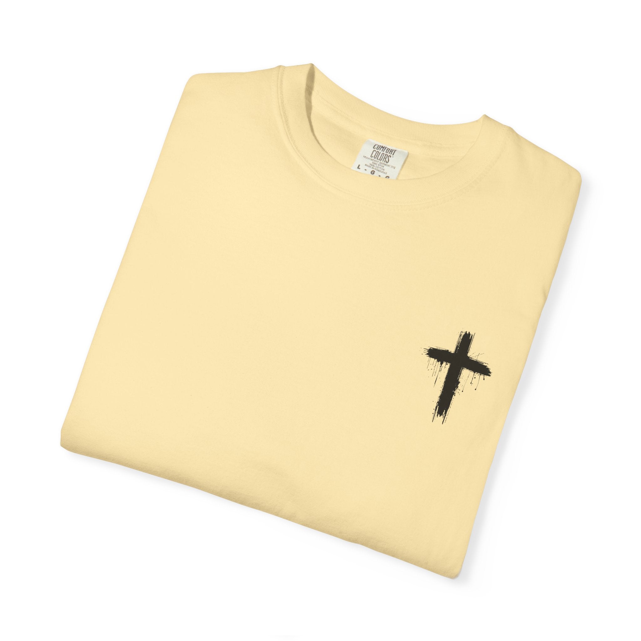 Faith Flag T-Shirt — Small Cross Front, American Flag Back Graphic