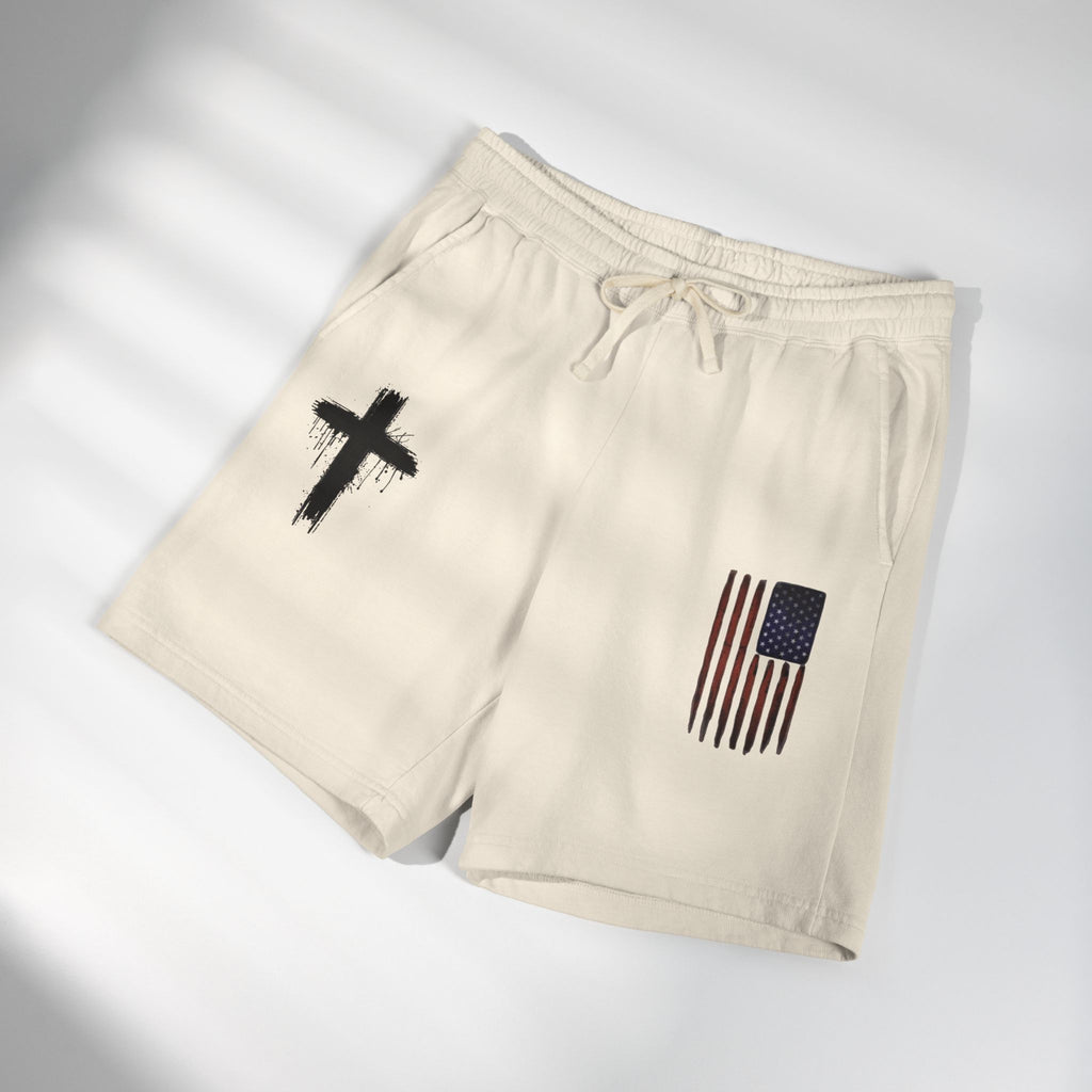 Patriotic Cross Fleece Sweat Shorts — Lightweight Garment-Dyed Lounge Shorts
